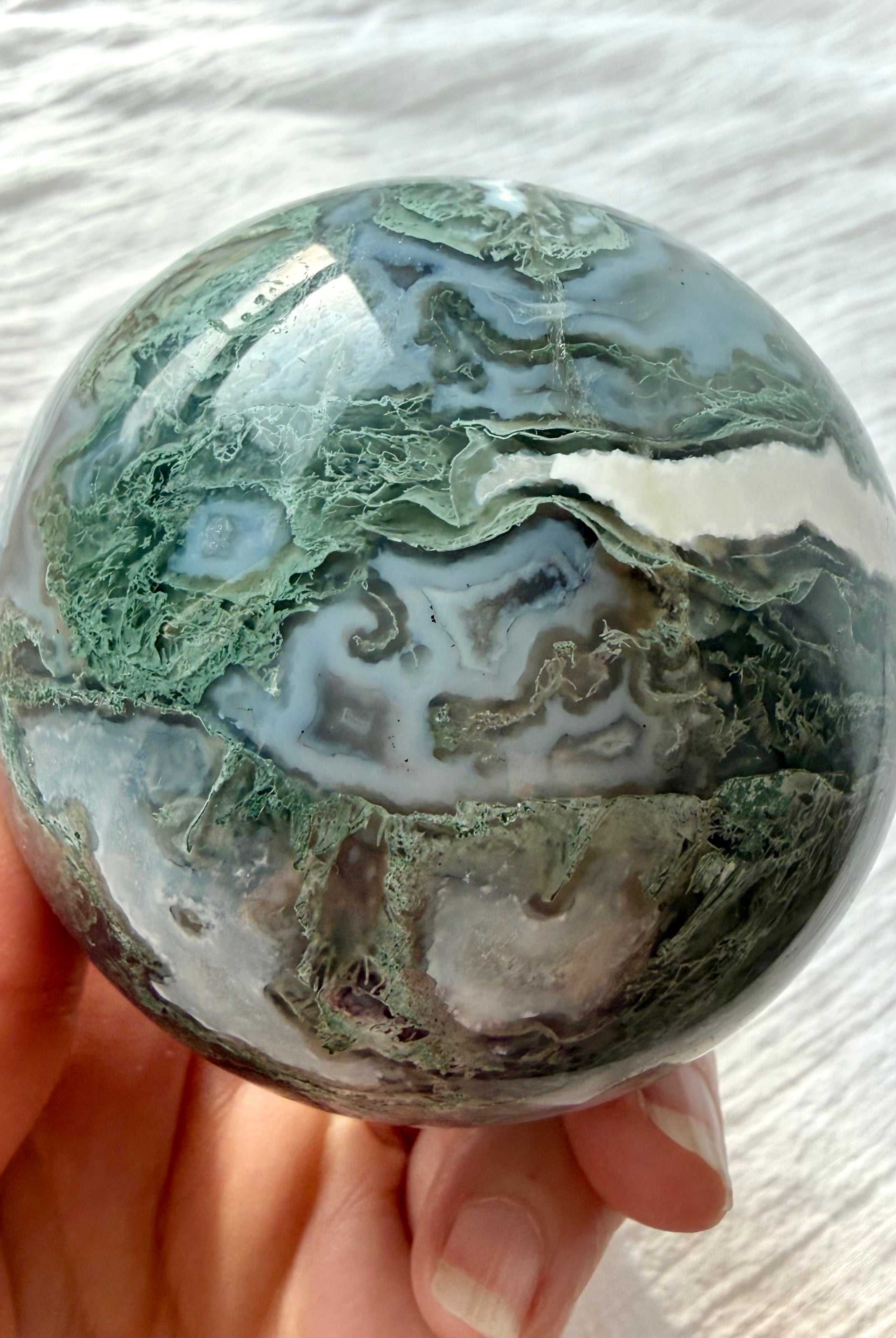 One-of-a-kind Moss Agate crystal sphere with dendritic patterns, Quartz and chalcedony banding