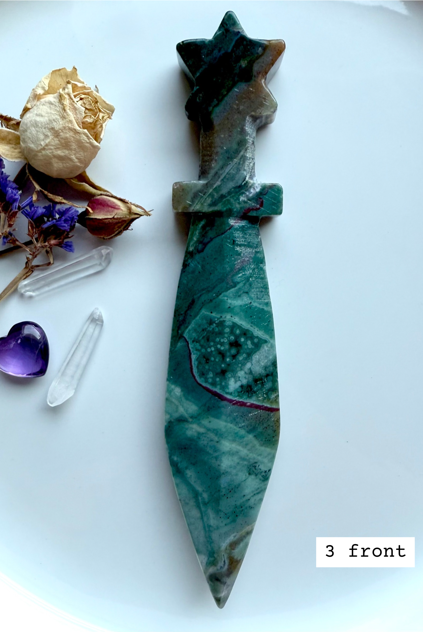 Ocean Jasper star knife # 3 front – hand-carved crystal athame with star handle, green and cream jasper blade
