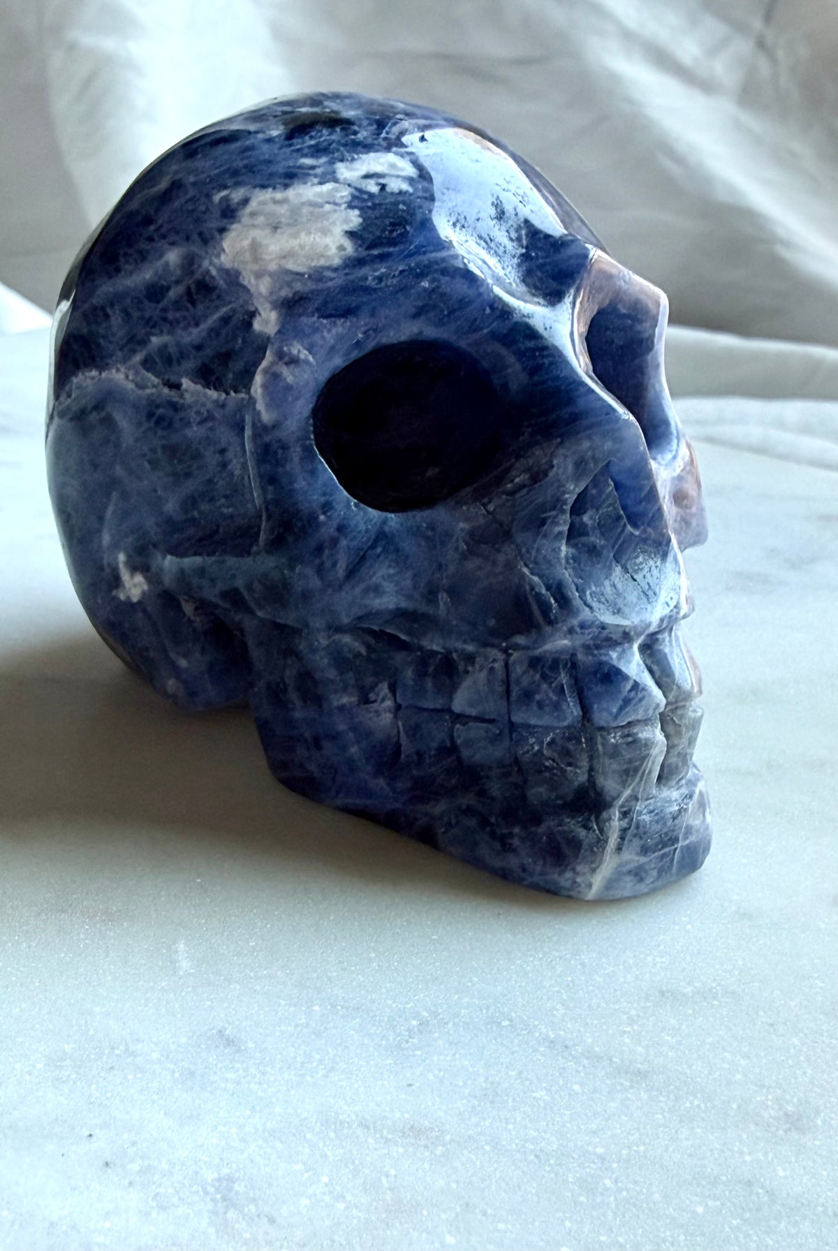 Sodalite skull carving for meditation, intuition, Third Eye Chakra, and spiritual practice