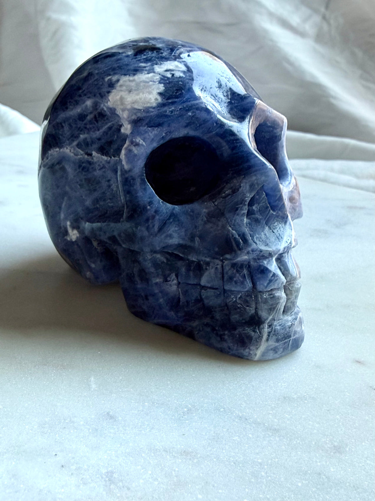 Sodalite skull carving for meditation, intuition, Third Eye Chakra, and spiritual practice