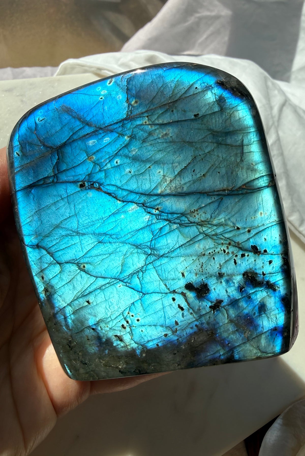Full flash Labradorite freeform showing brilliant aqua and electric blue labradorescence in sunlight