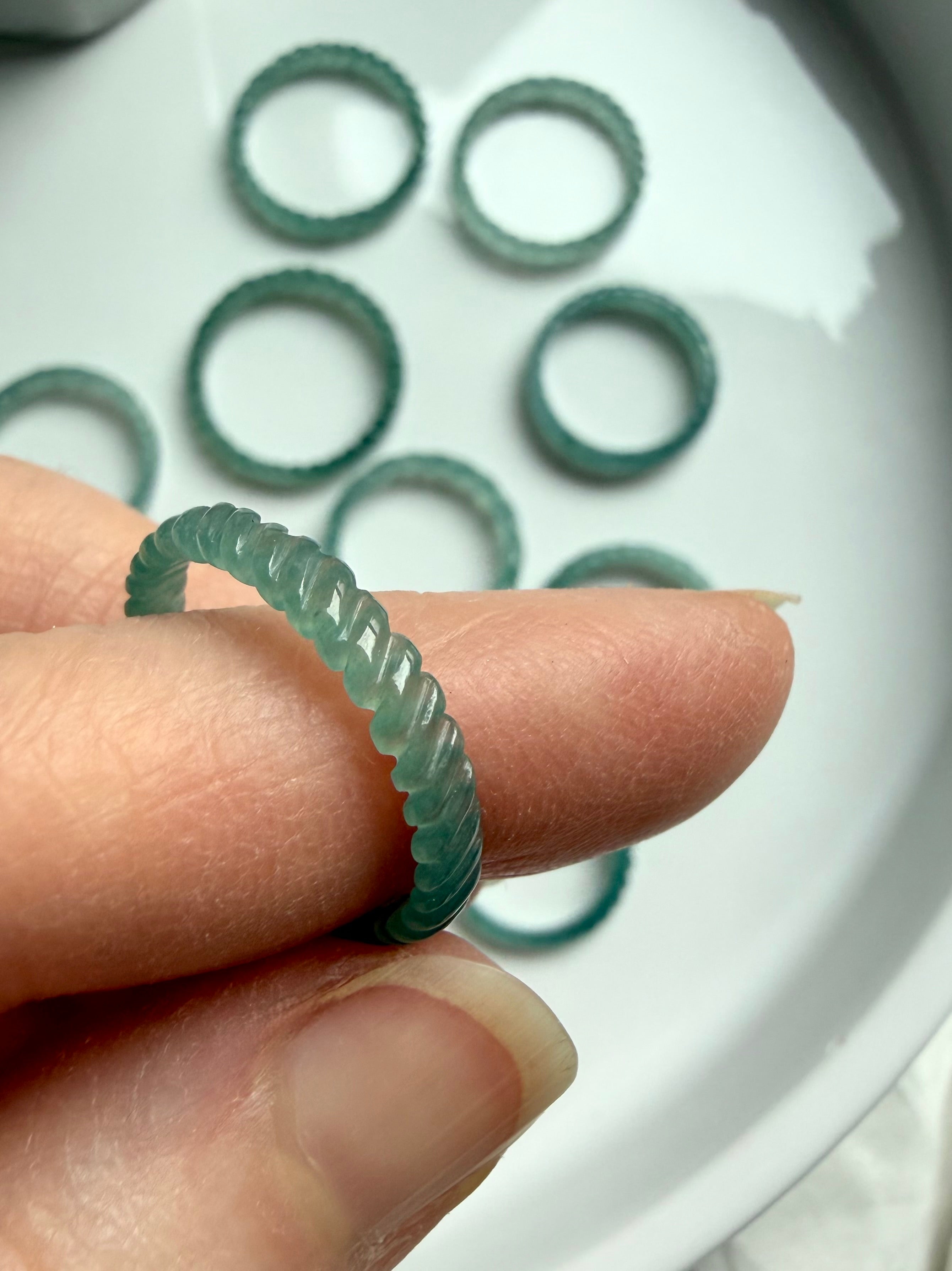 Premium Grade Blue Water Jade woven band ring with braided exterior and woven interior carving, high-transparency Guatemalan jadeite