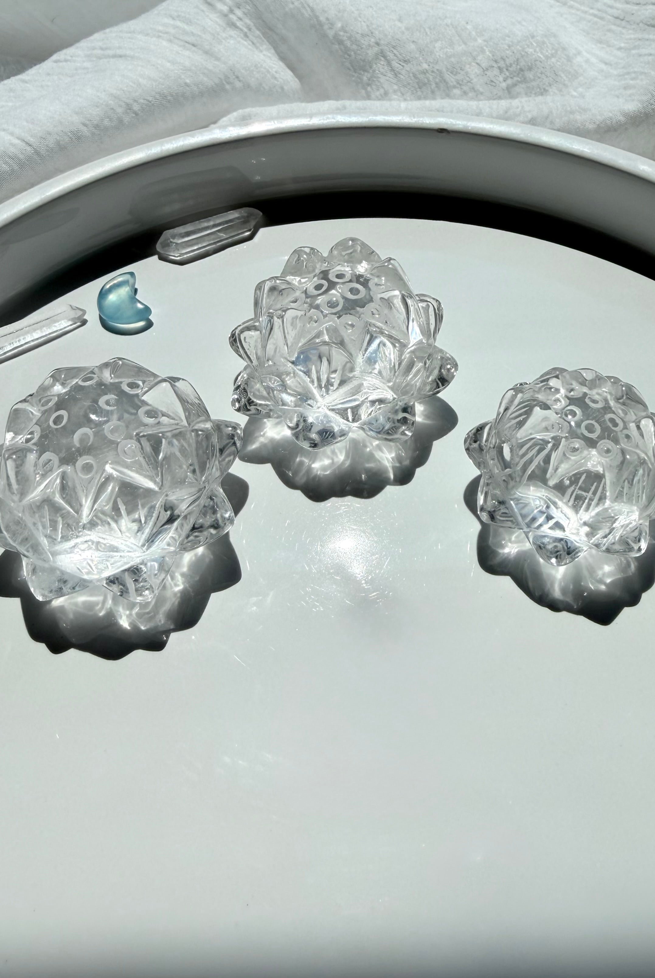 Clear Quartz crystal lotus flower carvings for healing, clarity, spiritual growth and Crown Chakra meditation