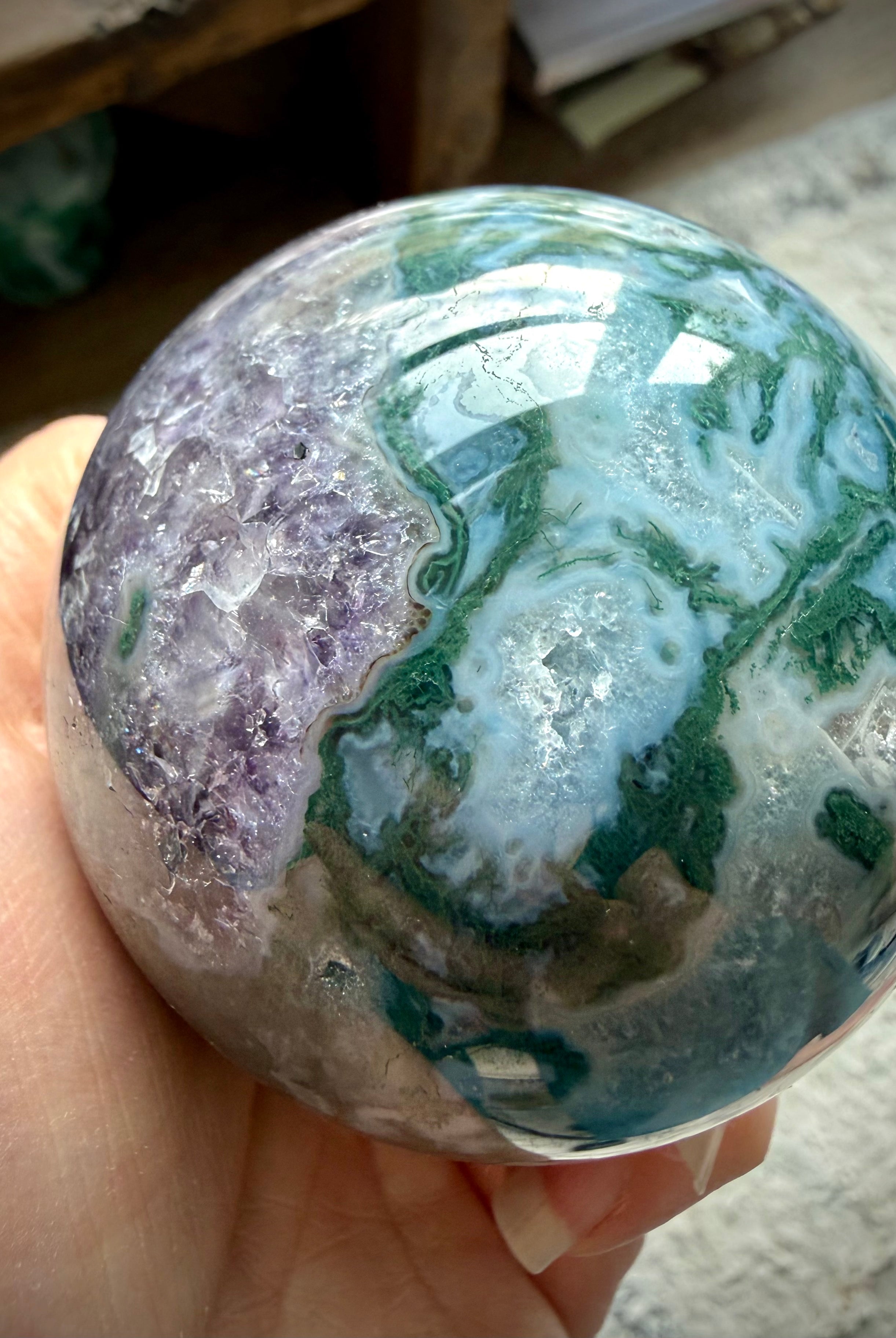 Rare Moss Agate crystal ball with Amethyst inclusions, druzy sparkle, and unique garden-like formations