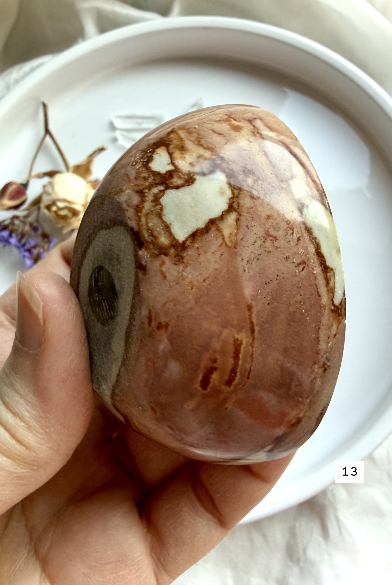 alternate view of polychrome jasper bowl with natural earthy patterns and scenic mineral formations polished stone dish