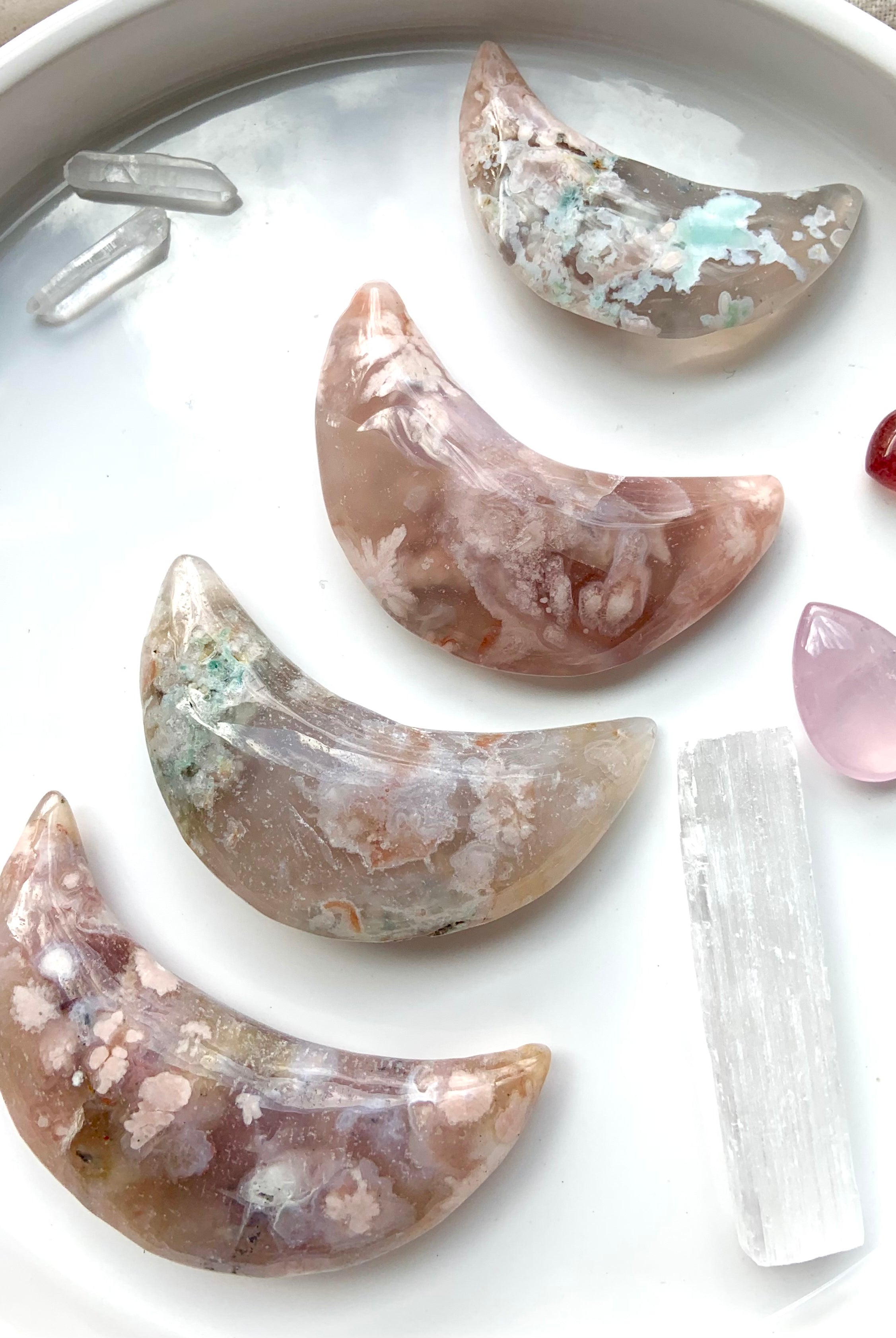 Choose your favorite hand shaped, chunky Flower Agate Crescent Moon!