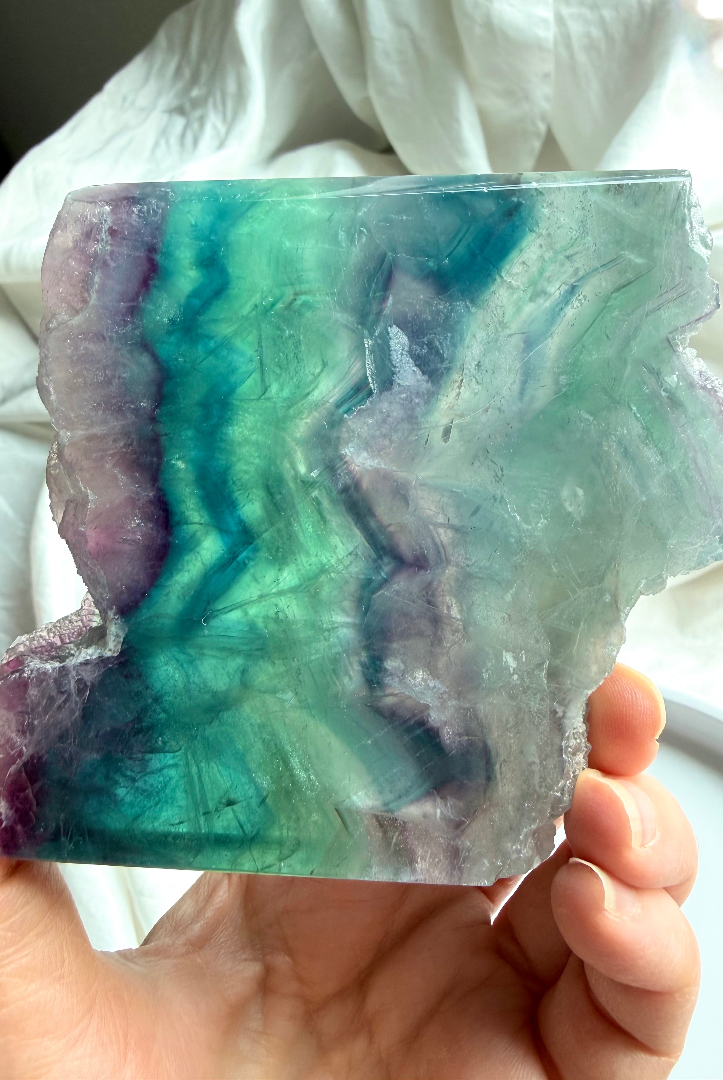 One of a kind rainbow fluorite slab with green and purple banding – crystal for clarity, focus + energy balance