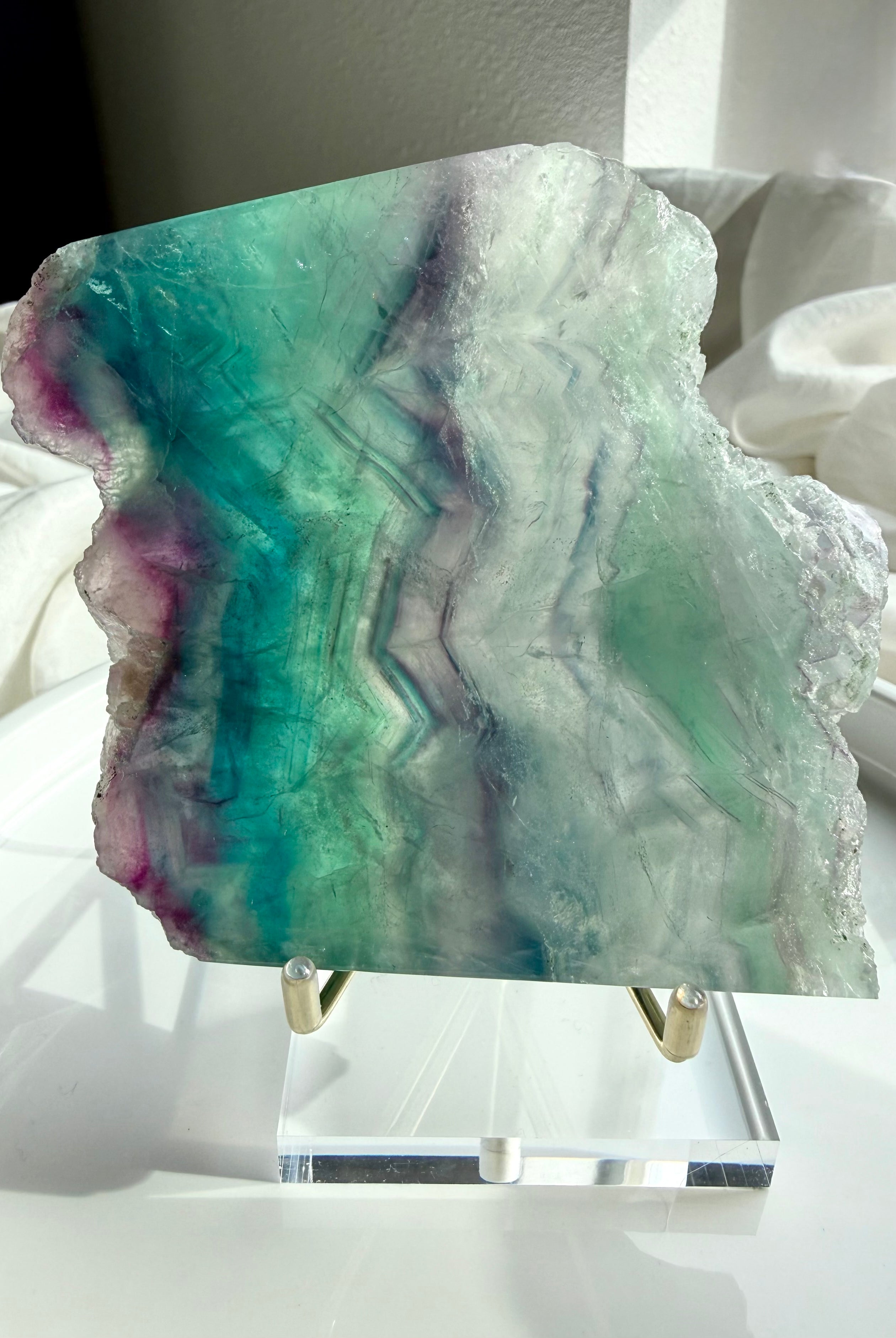 Statement fluorite slab crystal with luminous rainbow banding for clarity, intuition, and calm energy