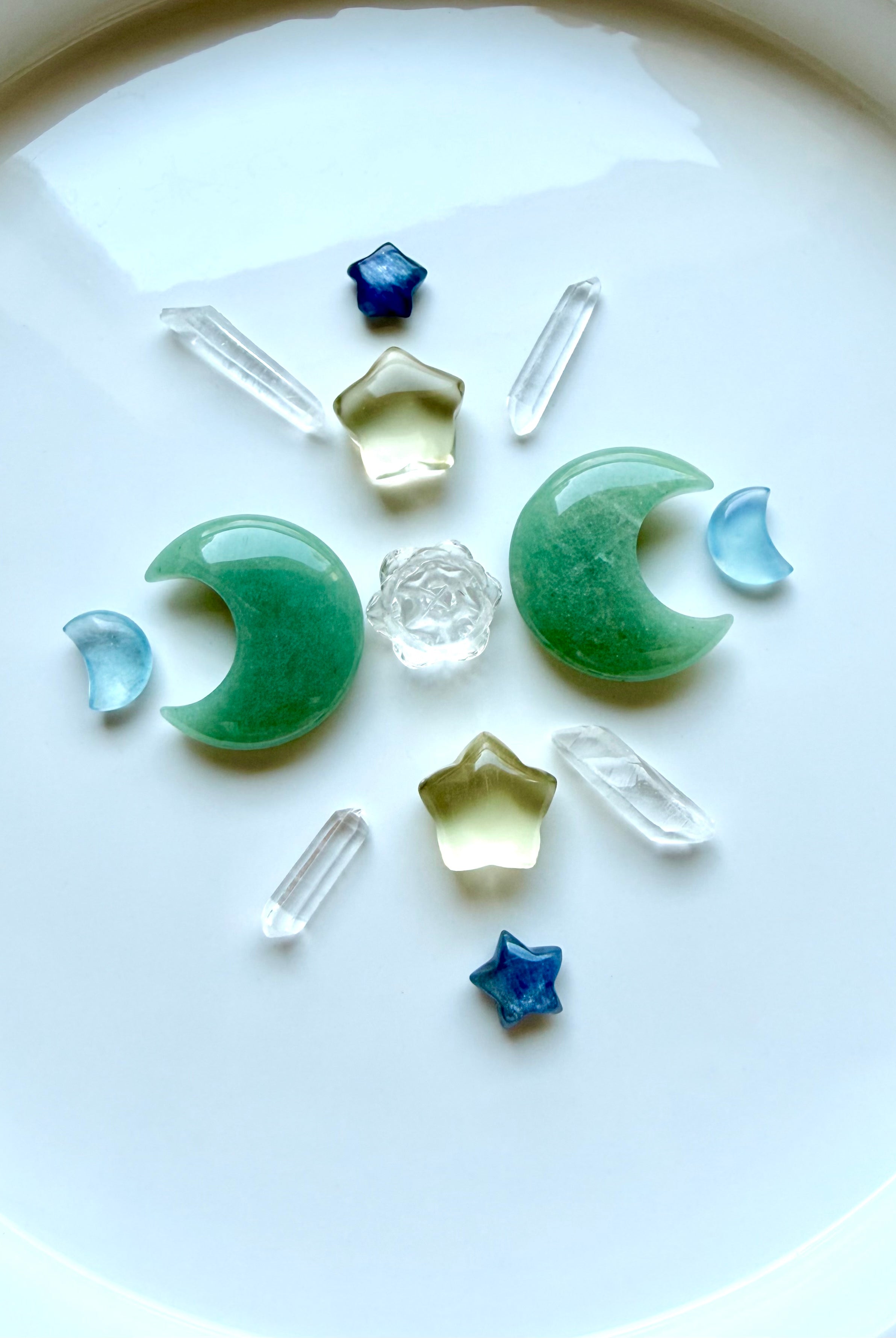 Crystal grid with Lemon Citrine and Blue Kyanite stars, Aquamarine and Green Aventurine moons, Clear Quartz points and lotus