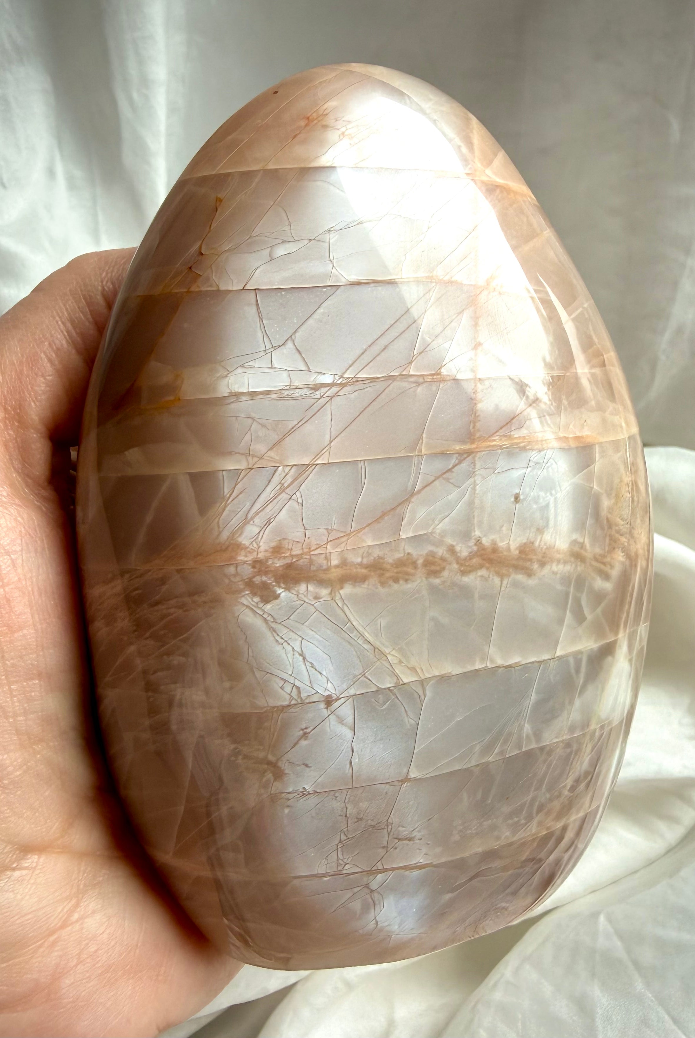 Tall Peach Moonstone freeform carving with subtle shimmer and grounding feminine energy