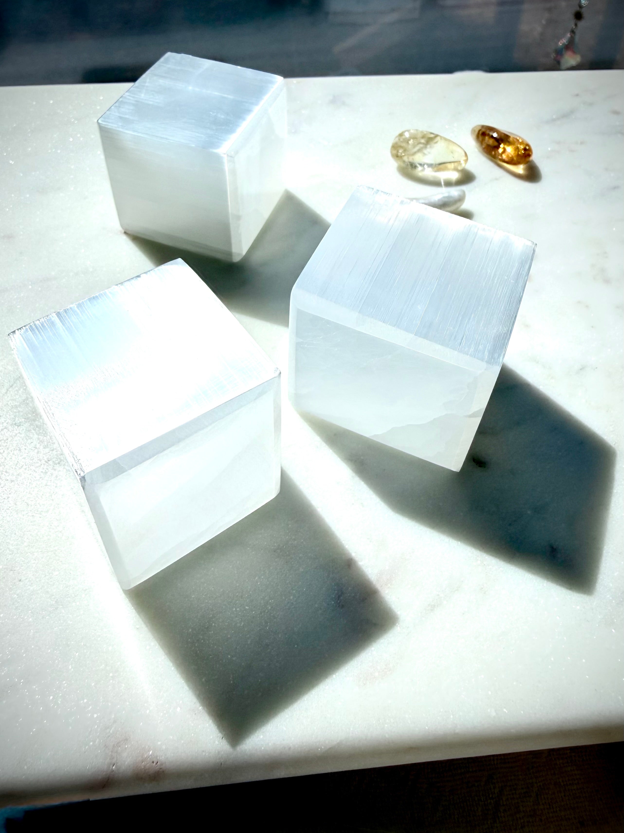 Selenite cubes with luminous white satin spar crystal for cleansing, charging and energy clearing