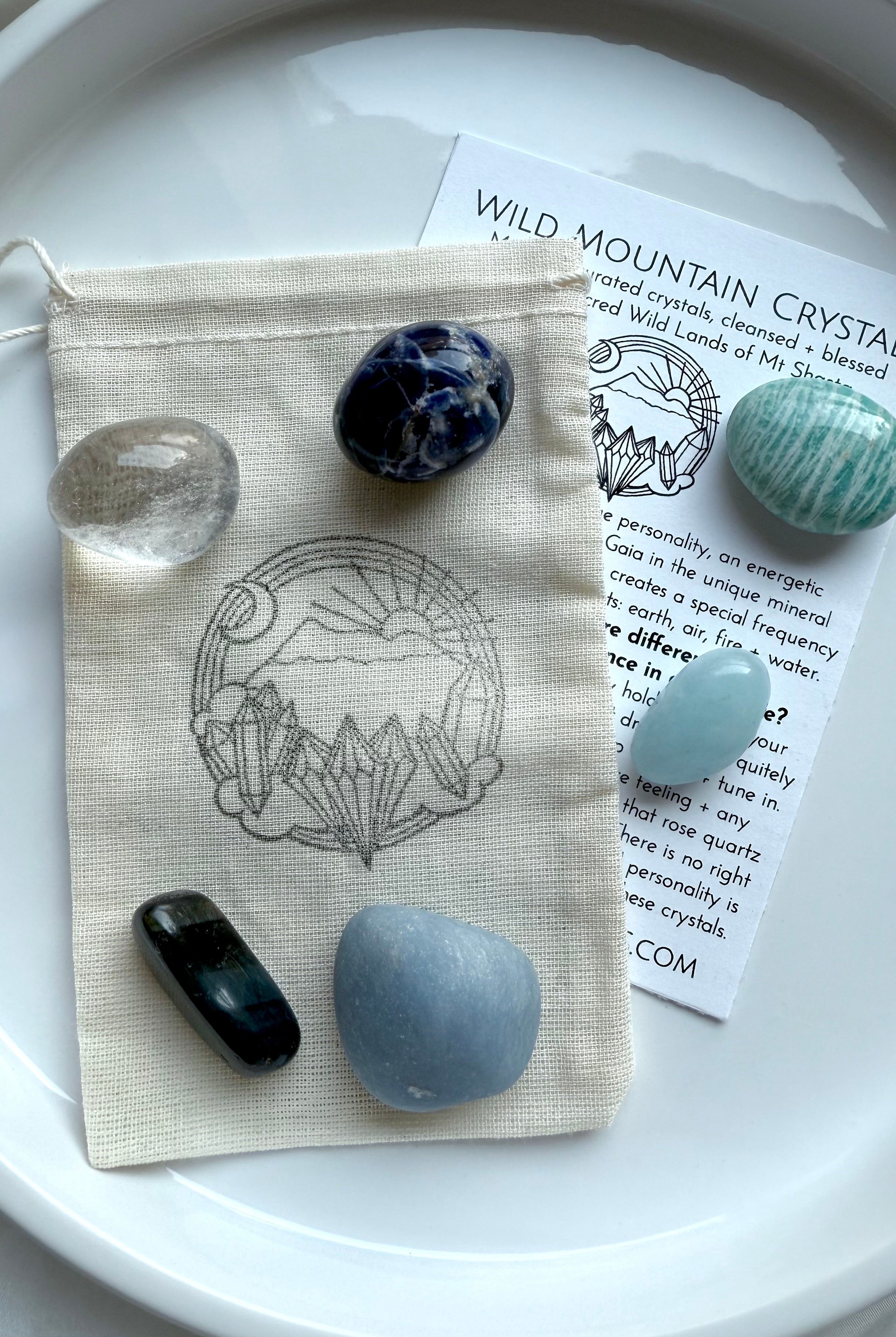 Throat chakra crystals with cotton pouch and info card — Angelite, Sodalite, Amazonite, Aquamarine, Blue Tiger’s Eye, Clear Quartz