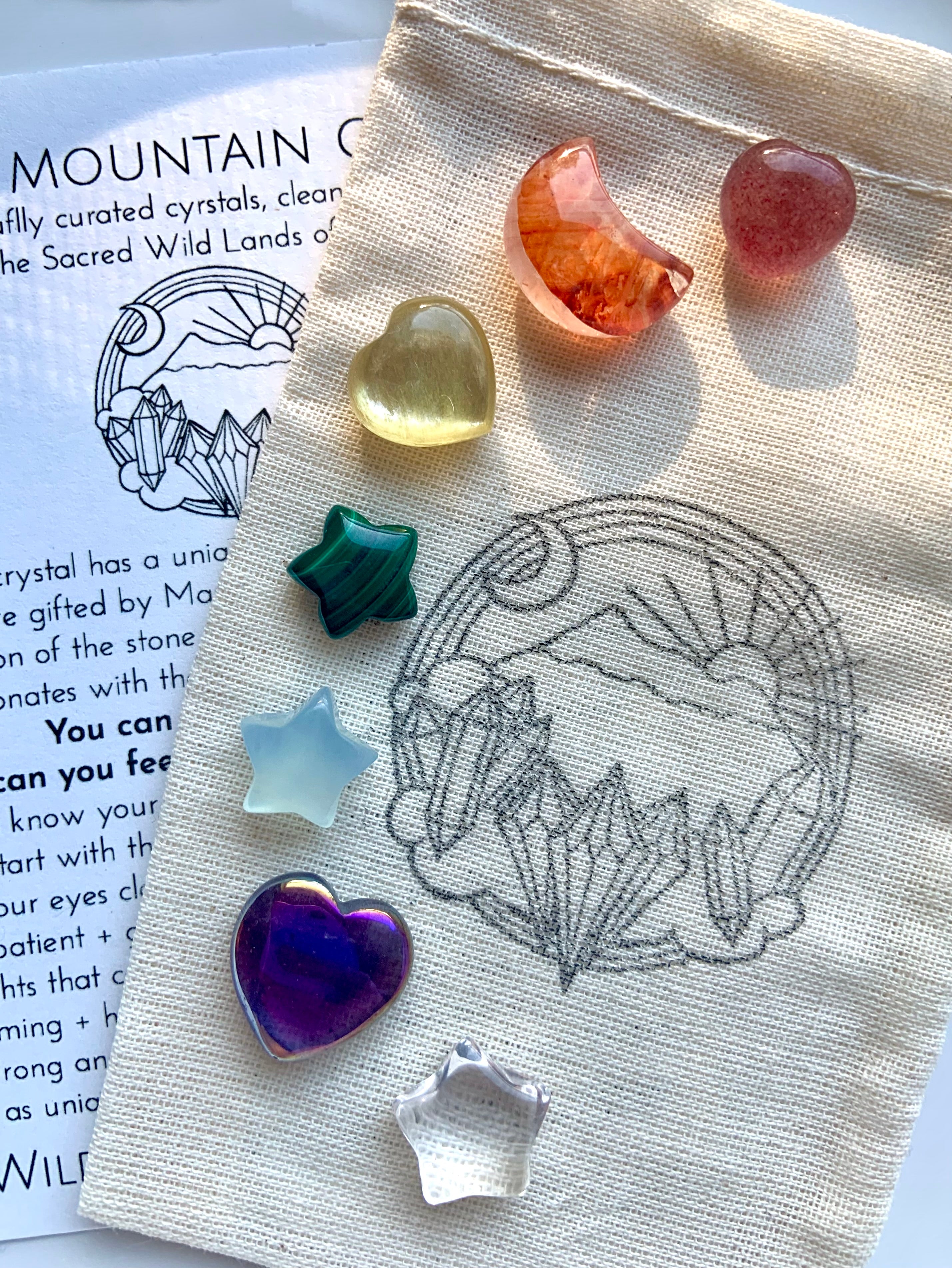 Premium chakra crystal set of 7 mini carved gems: heart, moon & star crystals in rainbow colors