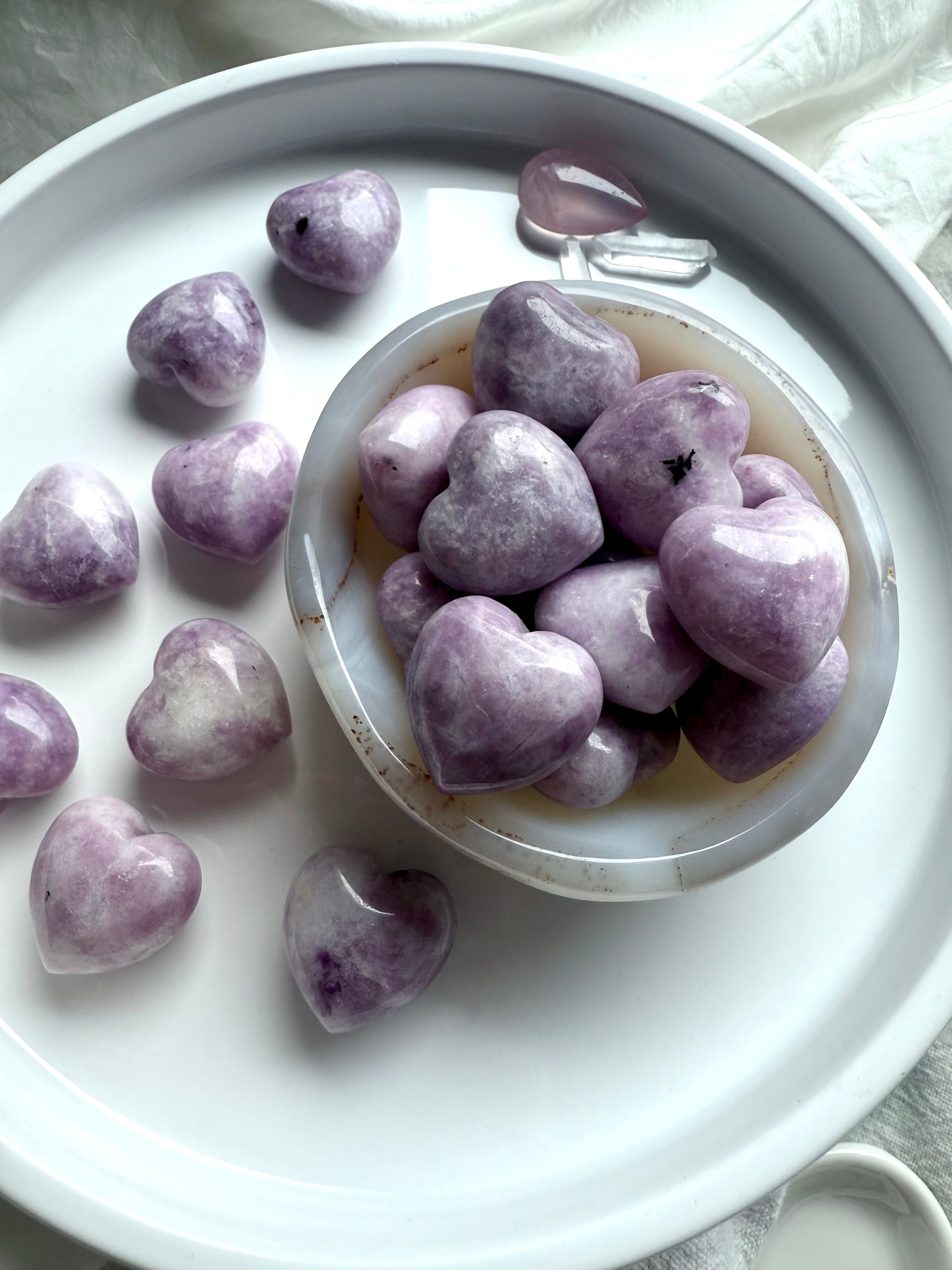 Lepidolite puffy hearts make a soothing pocket stone for stress relief + emotional support.