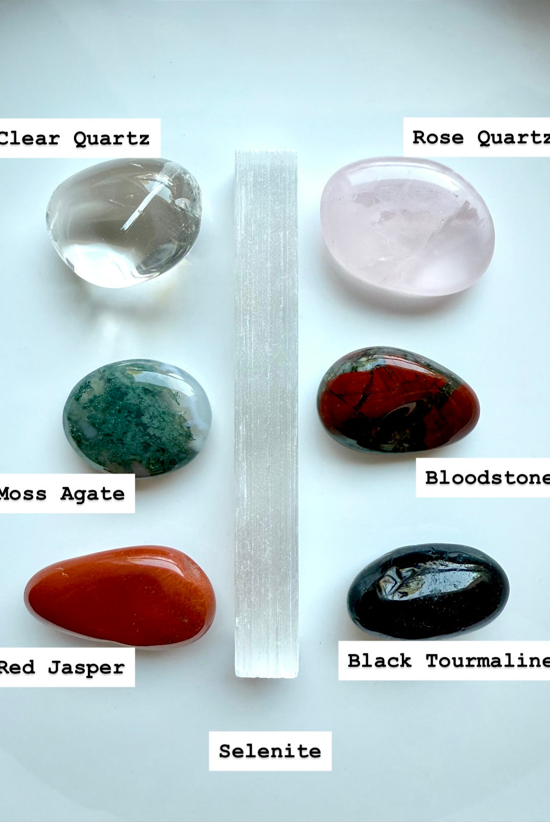 Get Well Crystal Set labeled with stone names: Selenite, Bloodstone, Rose Quartz, and more