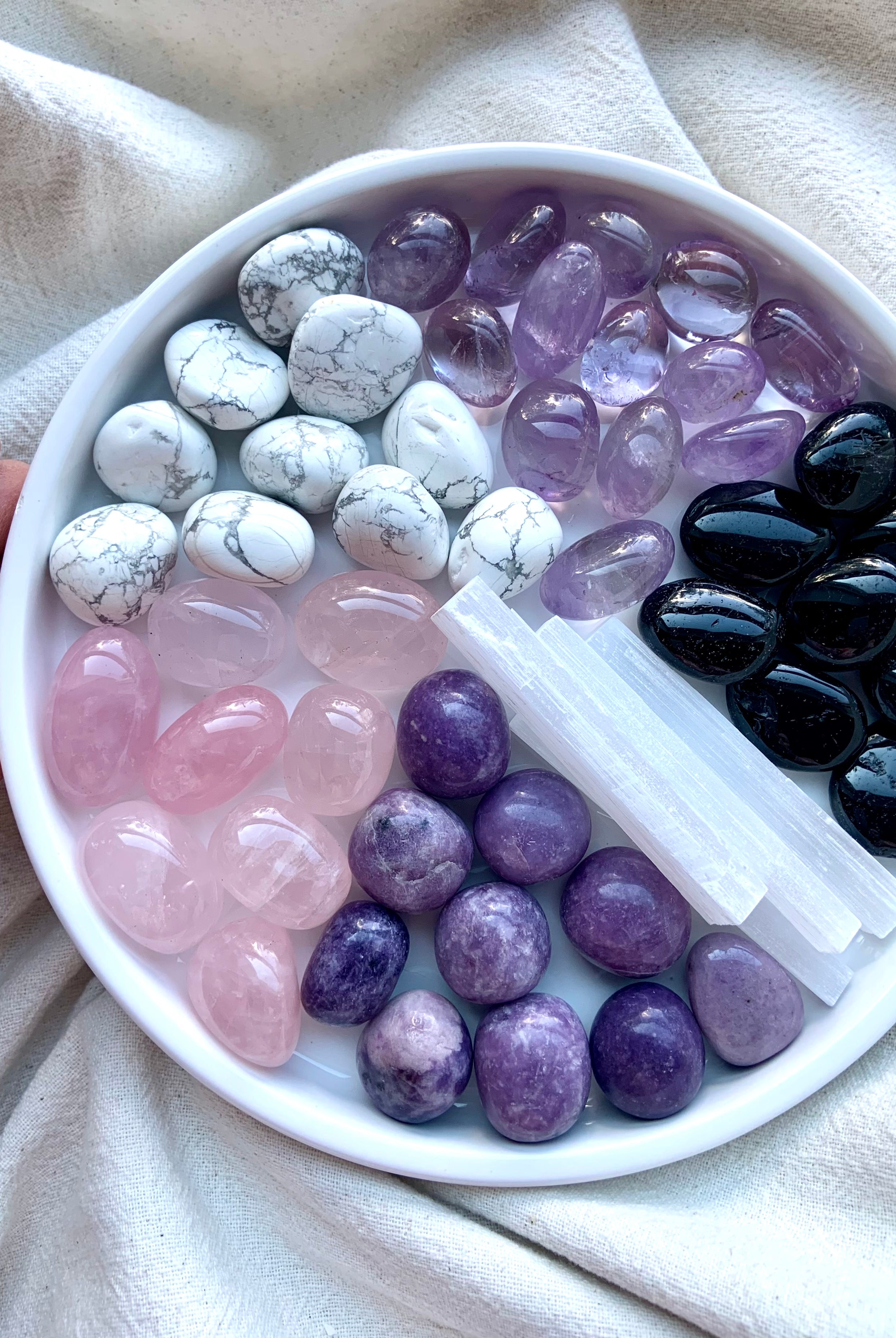 Sleep Crystal Set includes lepidolite, amethyst, rose quartz, howlite, black obsidian + selenite.