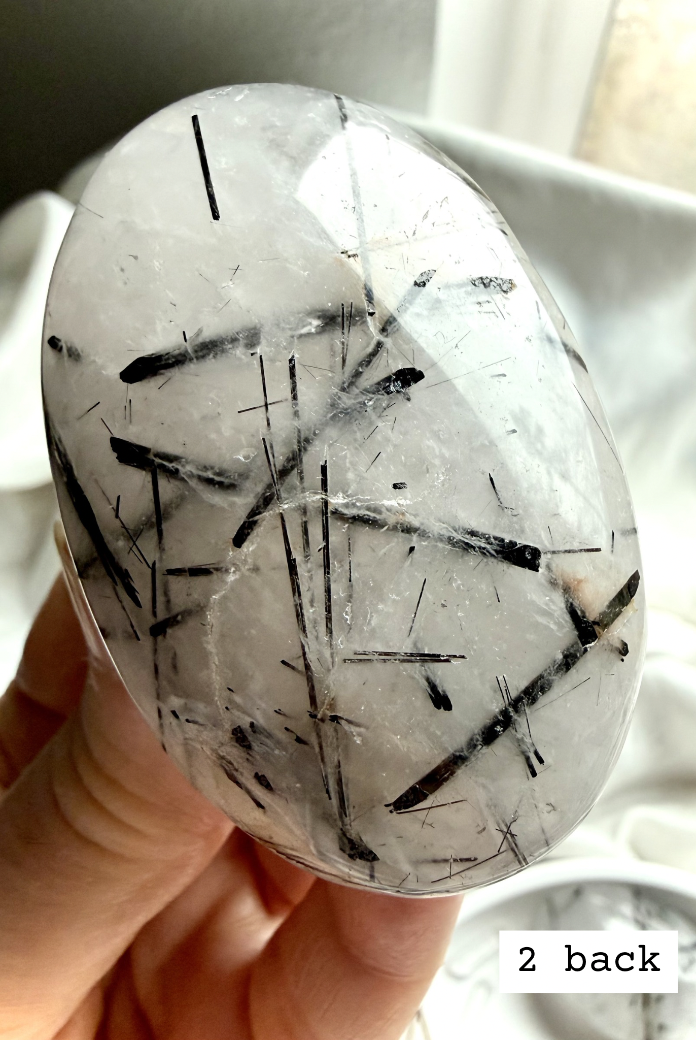 Black Tourmaline in Quartz palm stone 2 back view natural tourmaline quartz pattern