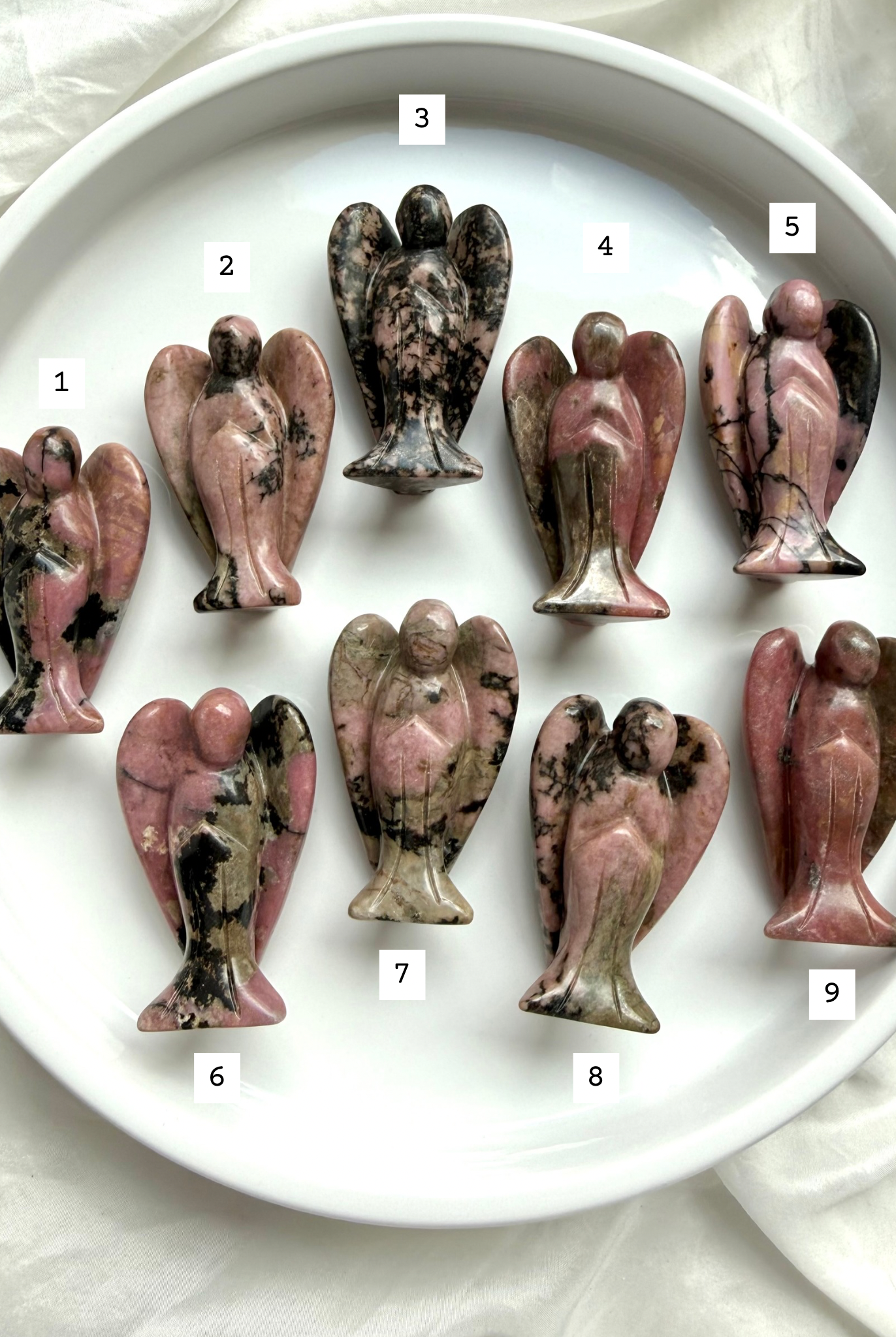 choose your own Rhodonite angel carvings numbered 1–9 showing front view crystal guardian details