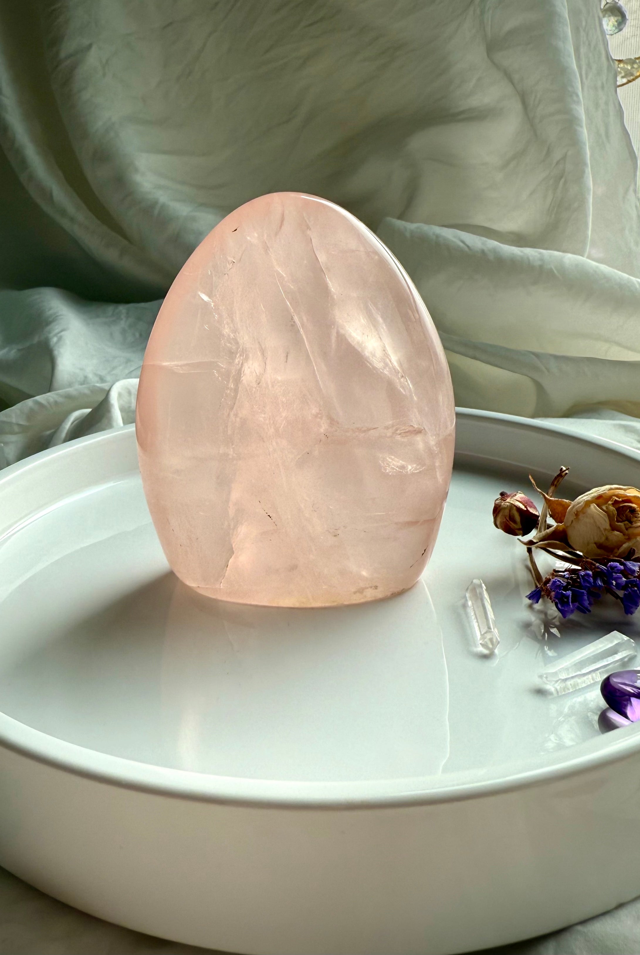Rose Quartz freeform with polished organic shape and subtle star-like shimmer