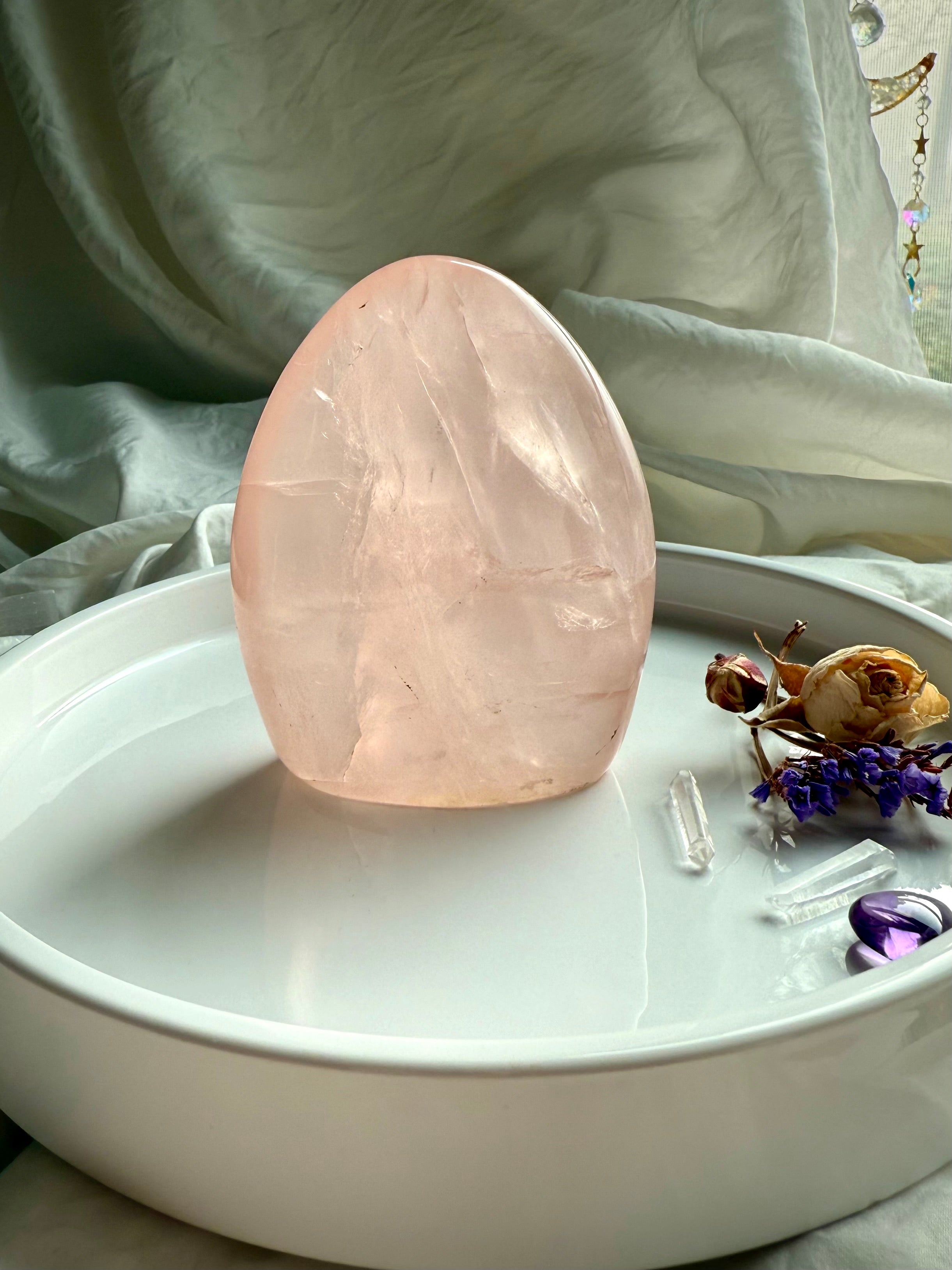 Rose Quartz freeform with polished organic shape and subtle star-like shimmer
