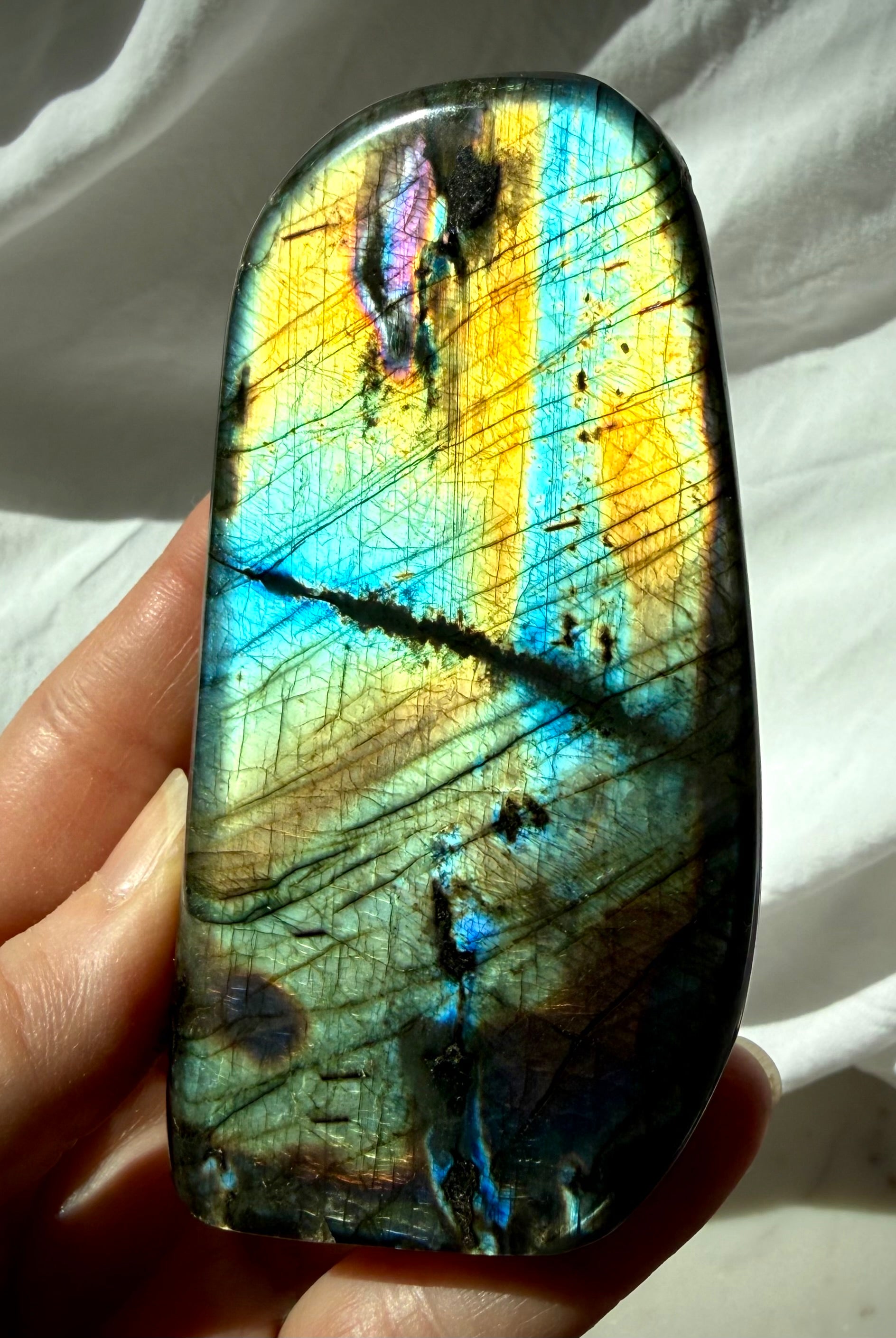 Rainbow Labradorite freeform held in hand with vivid gold, aqua, blue, and green flash across the polished surface