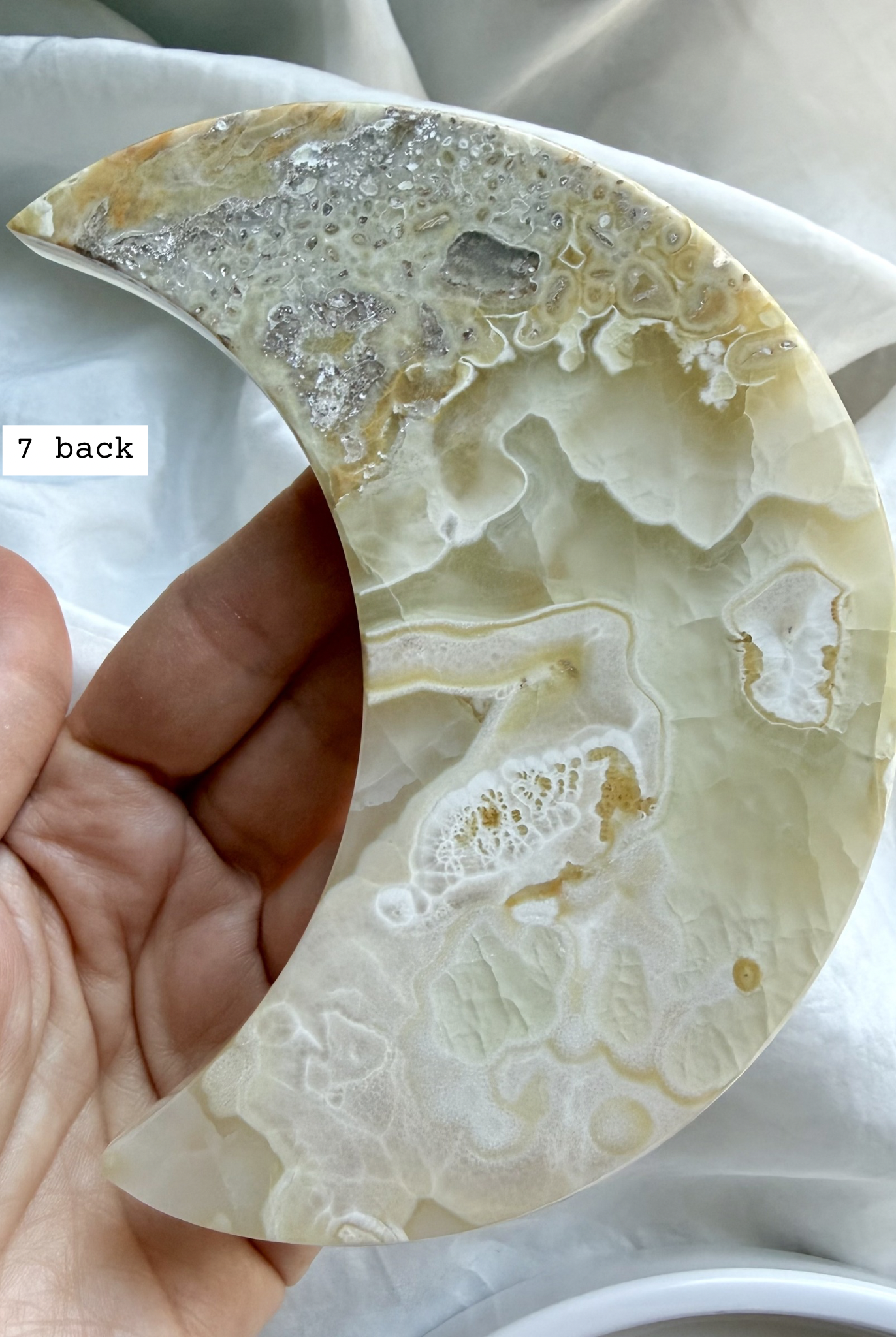 white onyx crescent moon plate # 7 back natural Mexican onyx with striking banding, druzy texture, and organic pattern