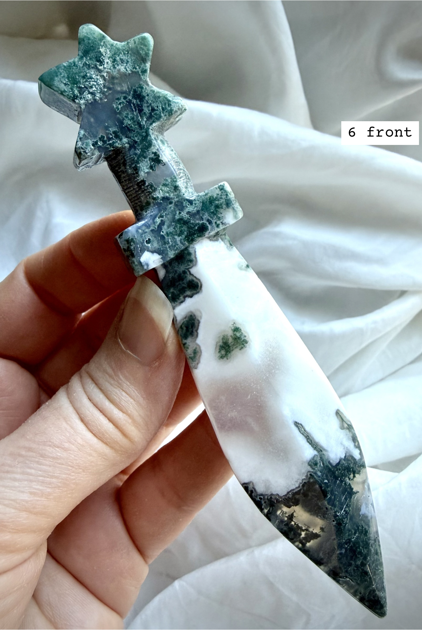 Moss Agate ritual knife crystal with forest green inclusions and celestial star shaped handle