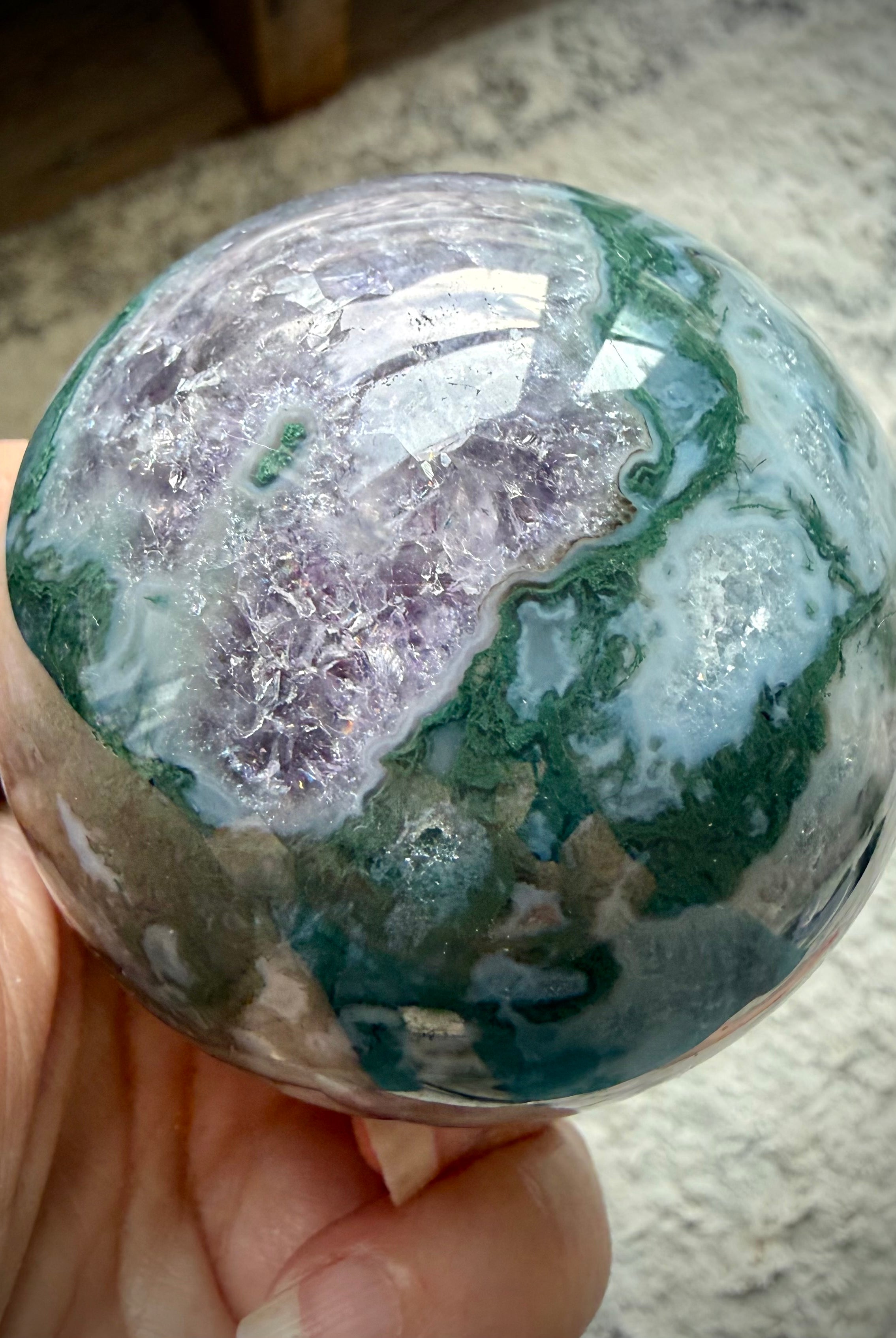 Moss Agate crystal ball with stand featuring Amethyst inclusions and one of a kind mineral details