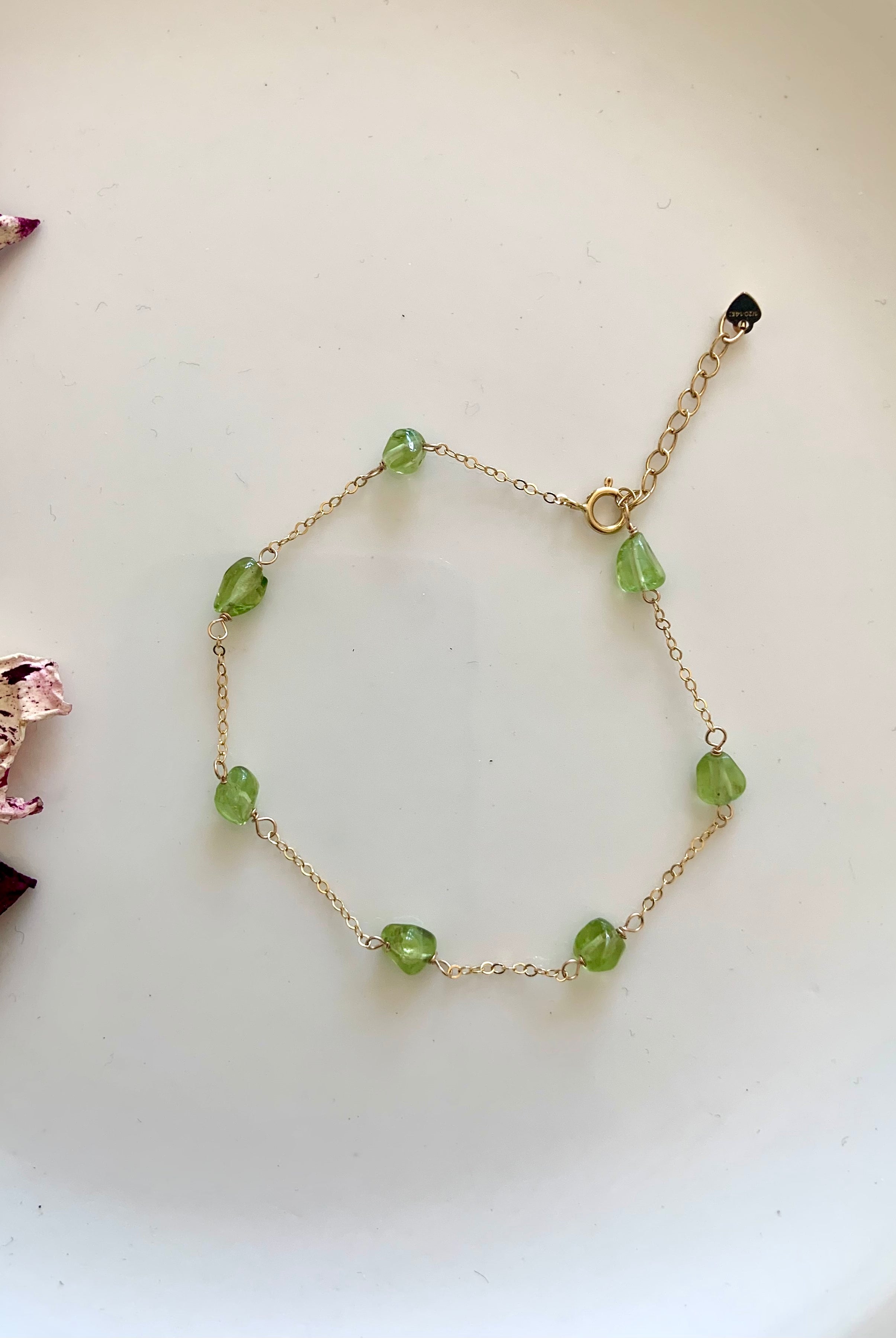 Dainty gold filled Peridot gemstone bracelet with wrist size extender, also available in sterling silver