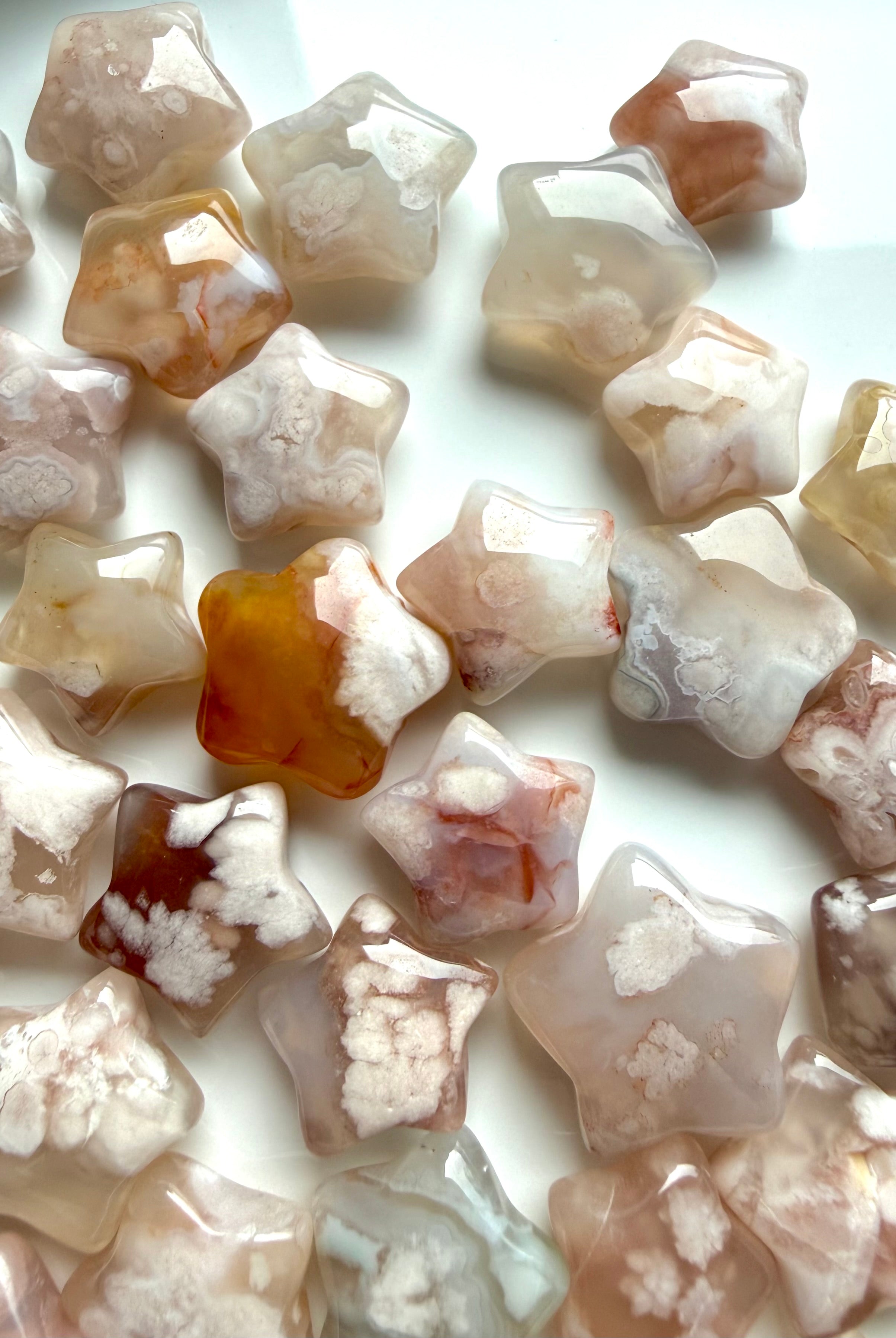 Flower Agate star carvings for crystal grids, altar décor, and emotional healing rituals