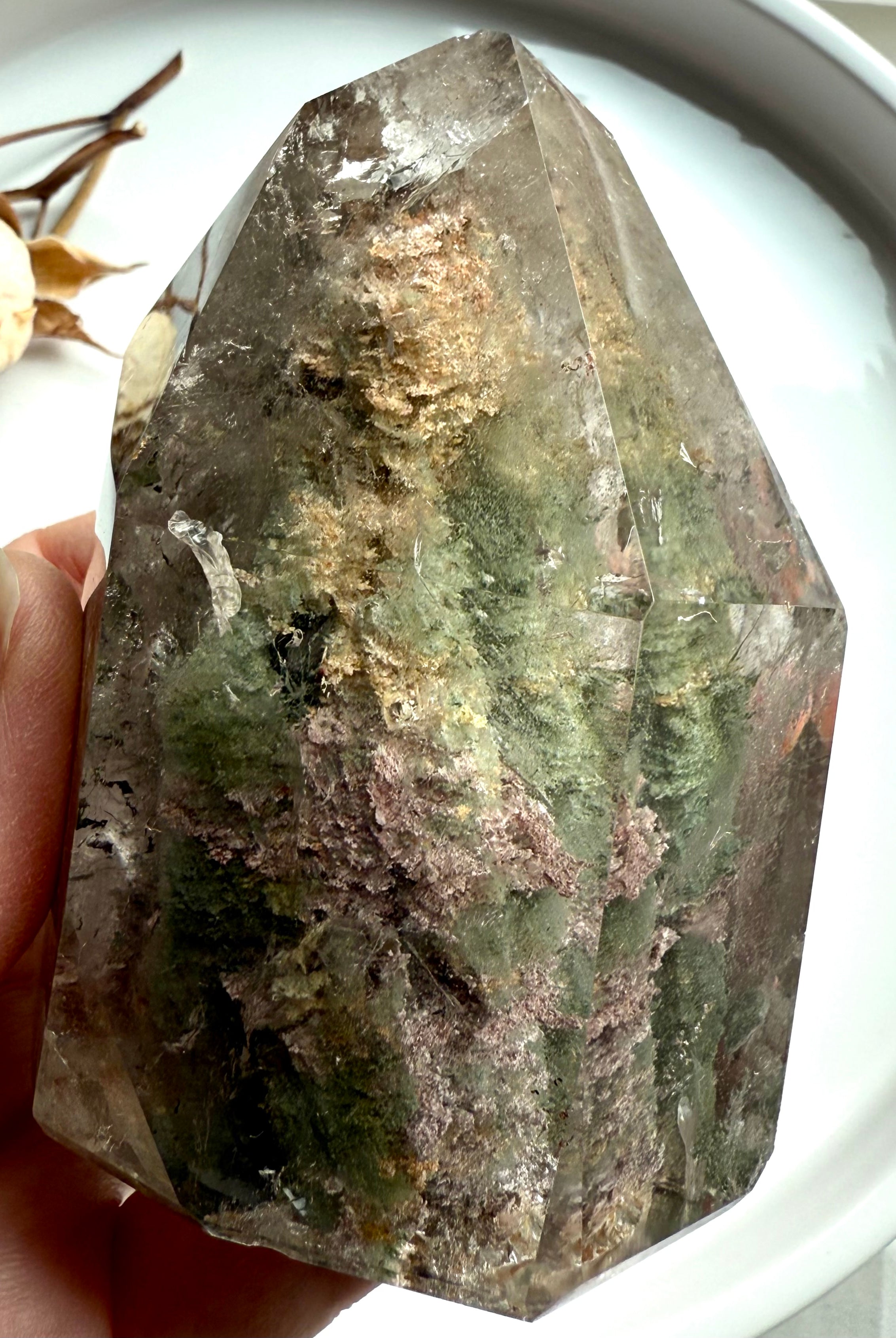 Polished Thousand Layer Garden Quartz tower with internal phantom layers and earthy green inclusions
