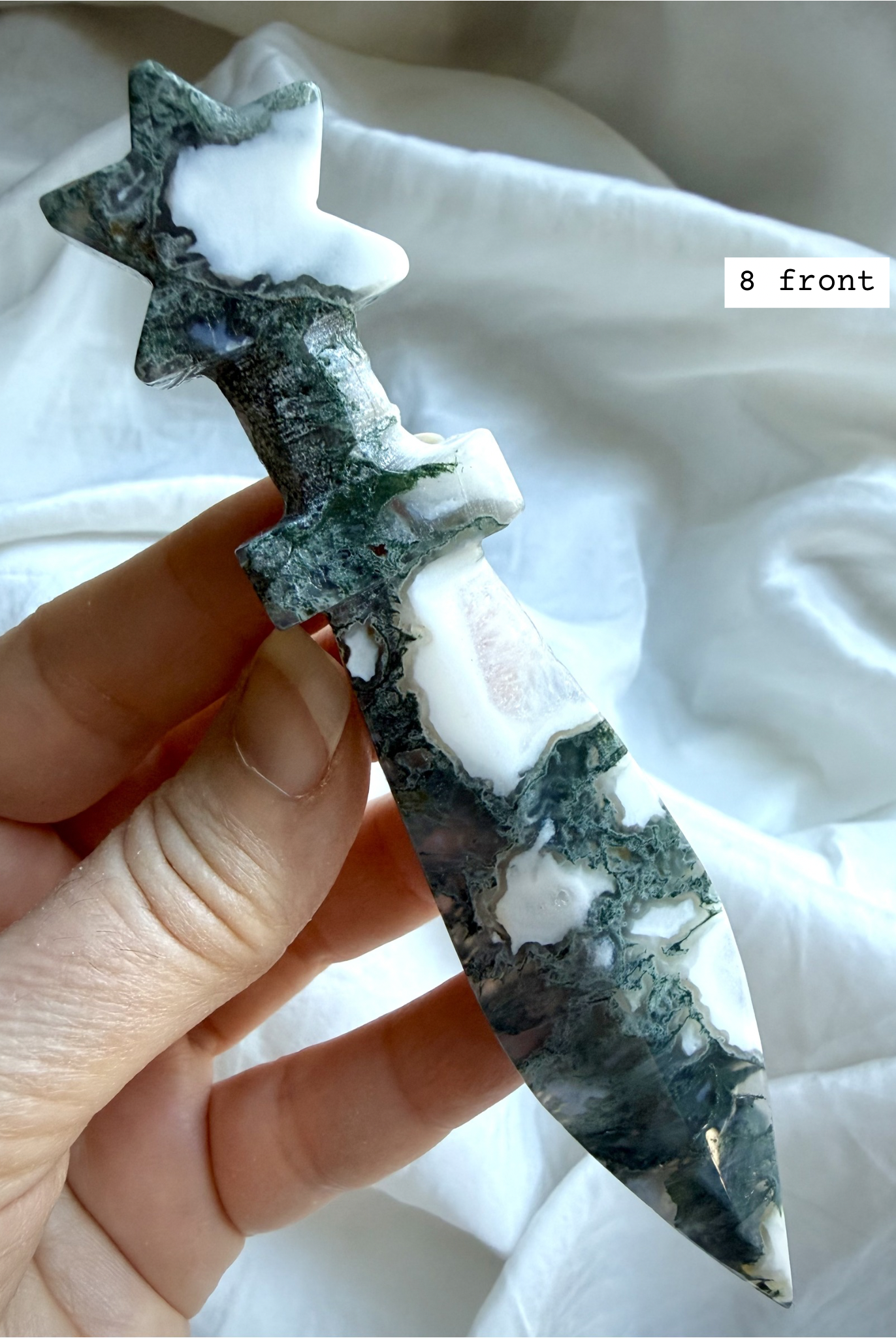 Moss Agate crystal star knife carving with flowing green inclusions and polished ceremonial blade shape