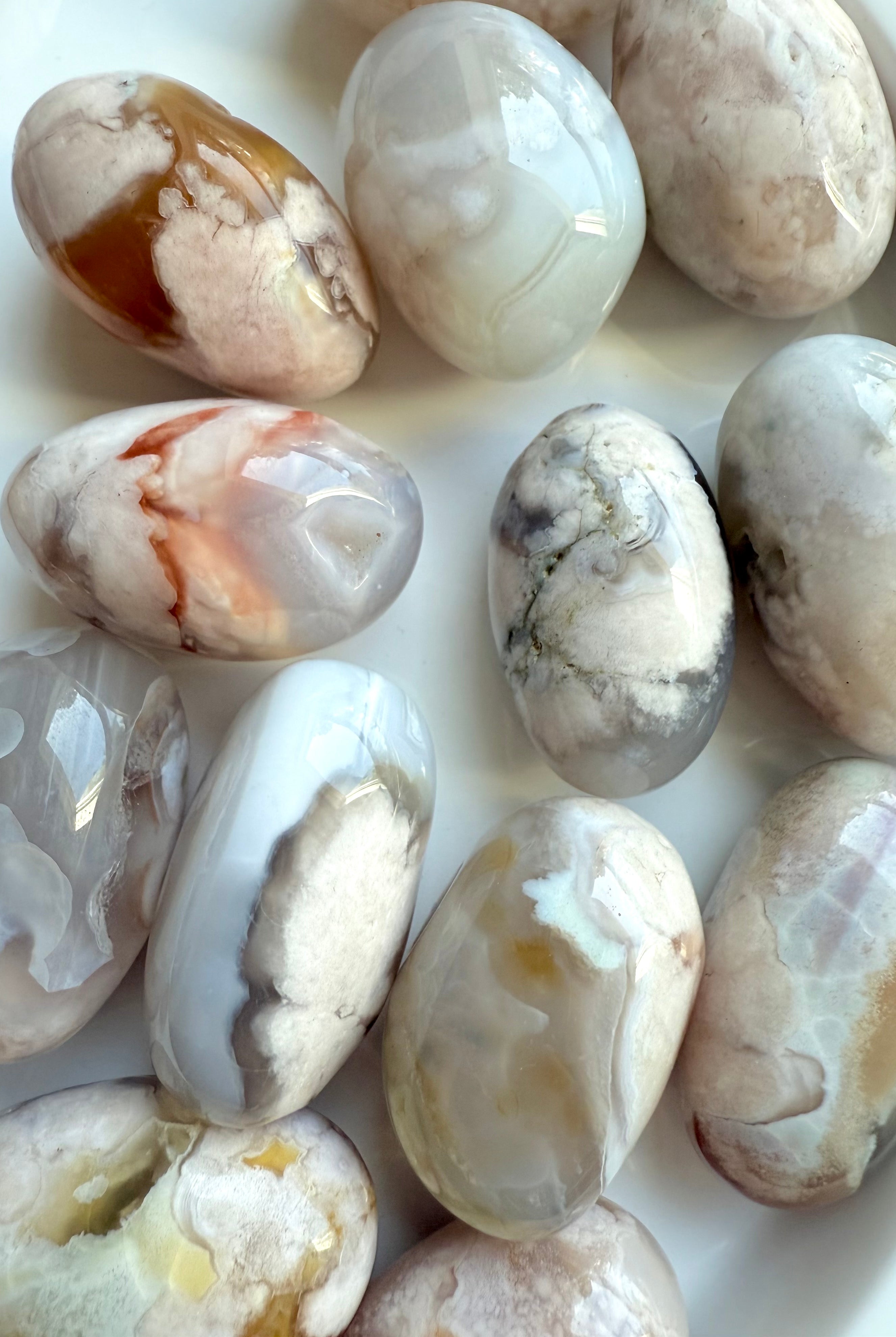 High quality Flower Agate tumbled stones with beautiful pastel colors + a peaceful feminine energy