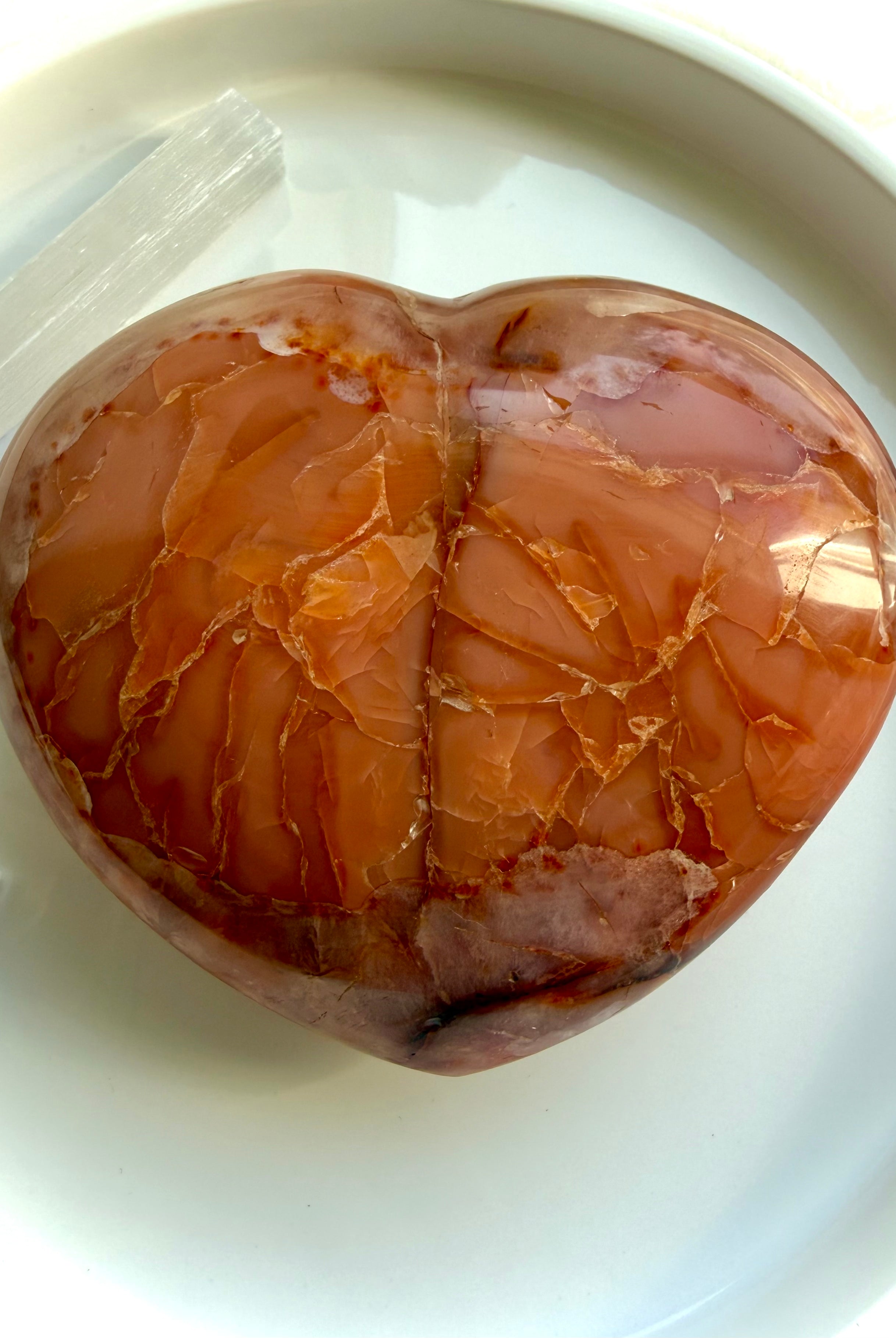 Large Carnelian geode heart shown in hand displaying sparkling druzy center and natural crystal beauty