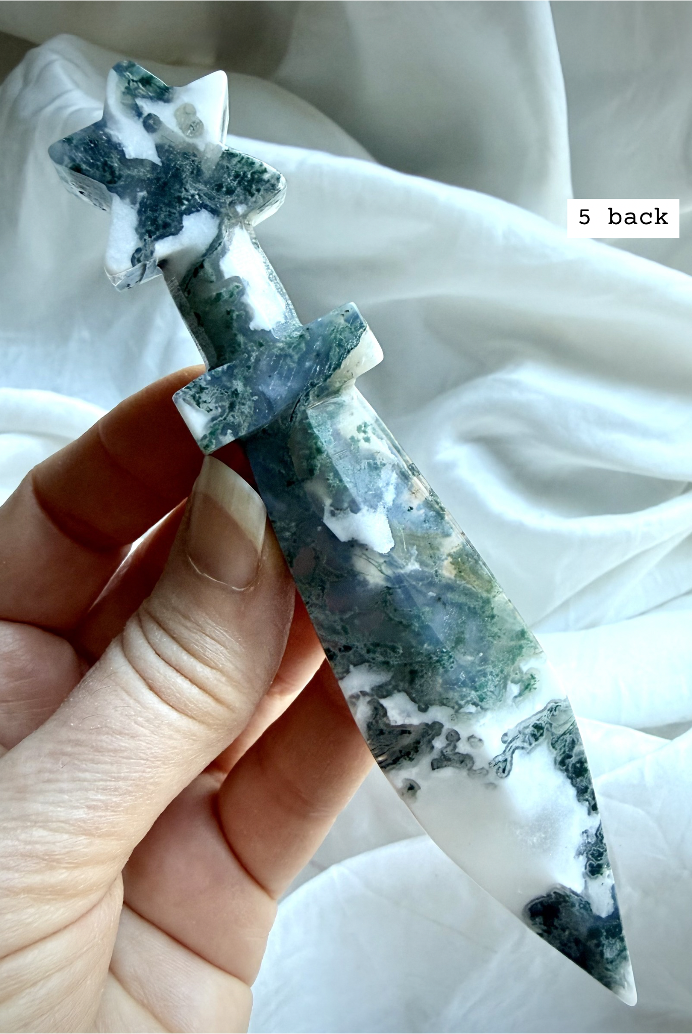 Back view of Moss Agate crystal athame carving with earthy green and white natural formations