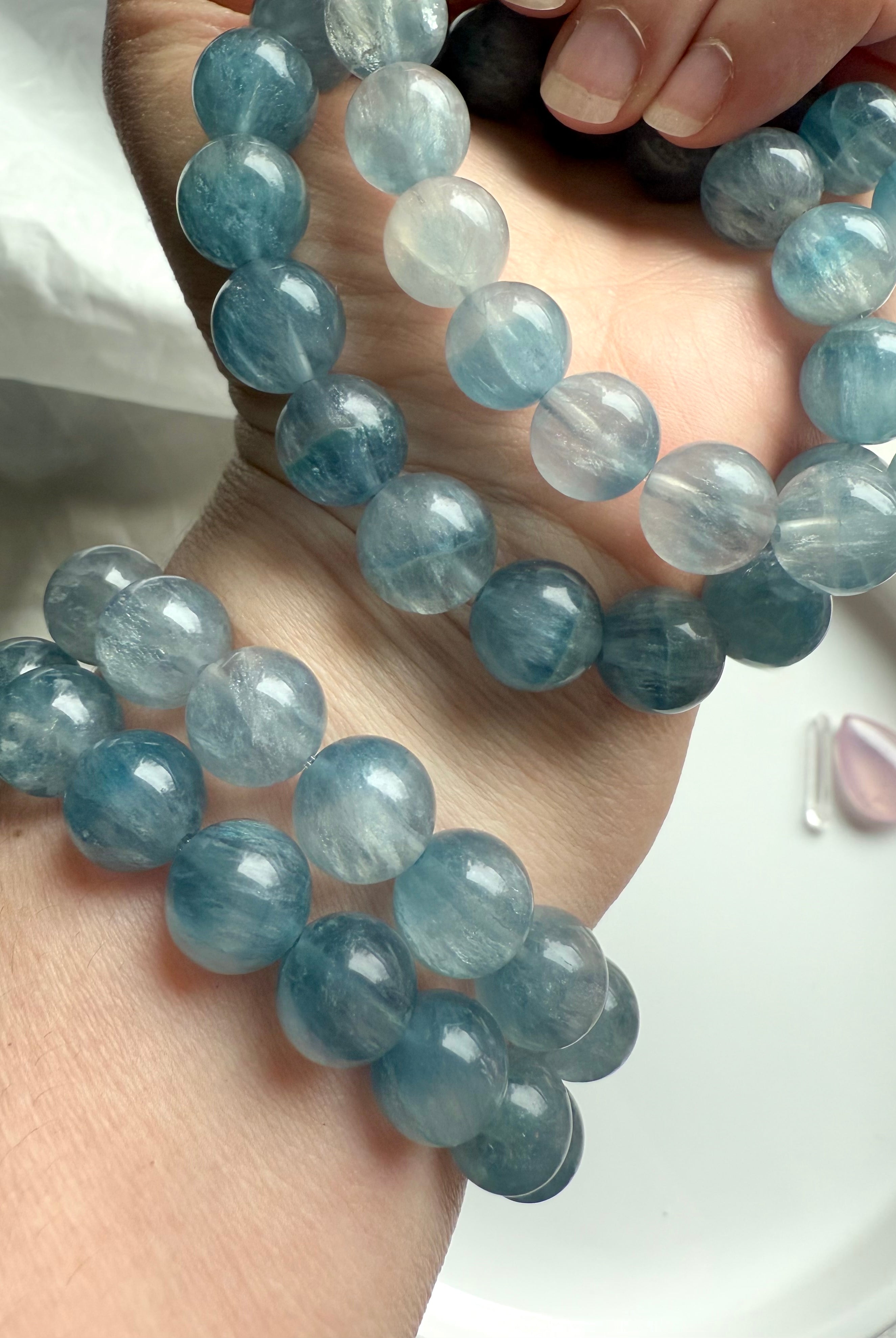 Rare, high quality Ice Blue Fluorite Bracelets with ethereal translucence + silky shimmer