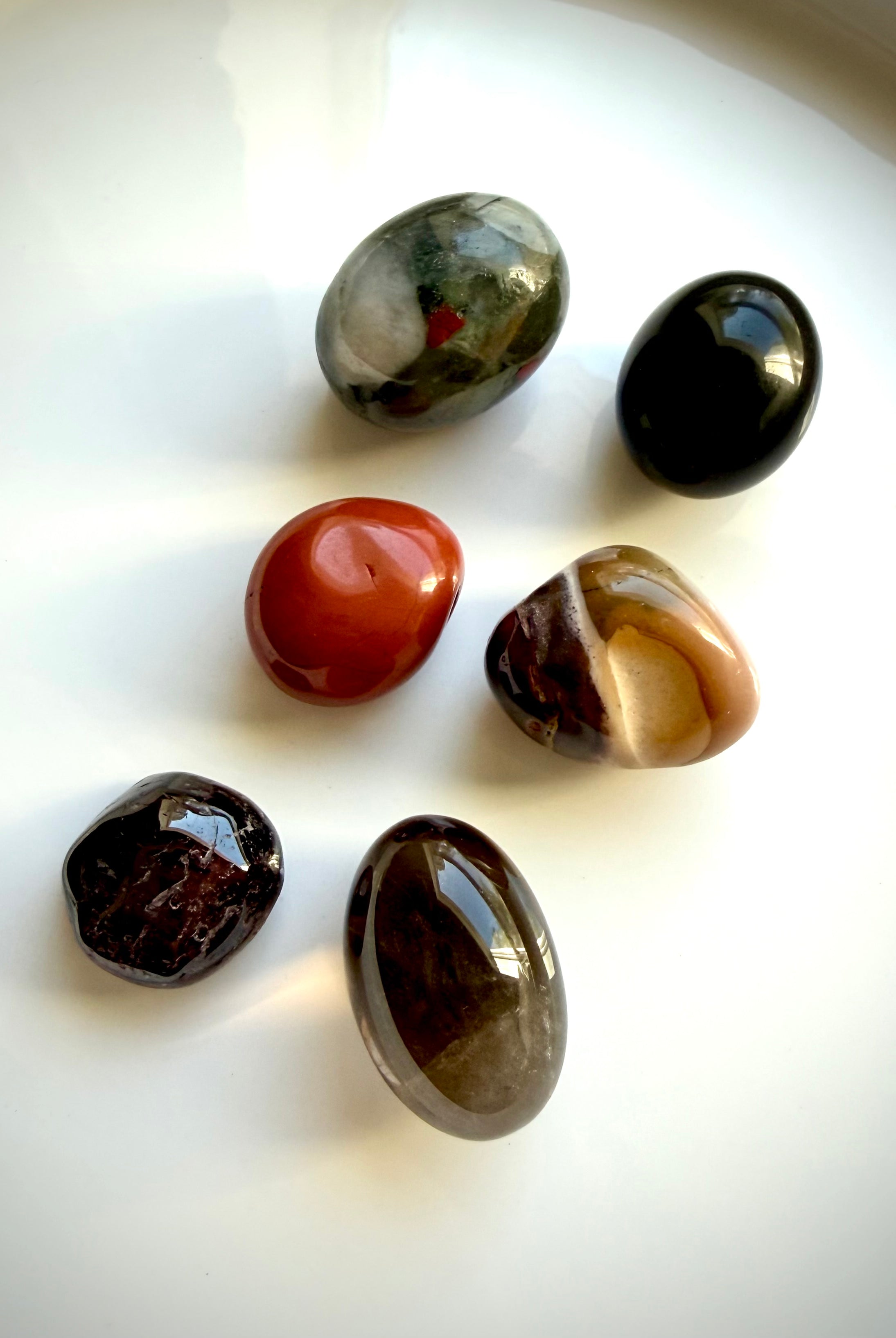 Six Root Chakra stones for grounding, protection, and energy work with Bloodstone, Black Obsidian, and Red Jasper