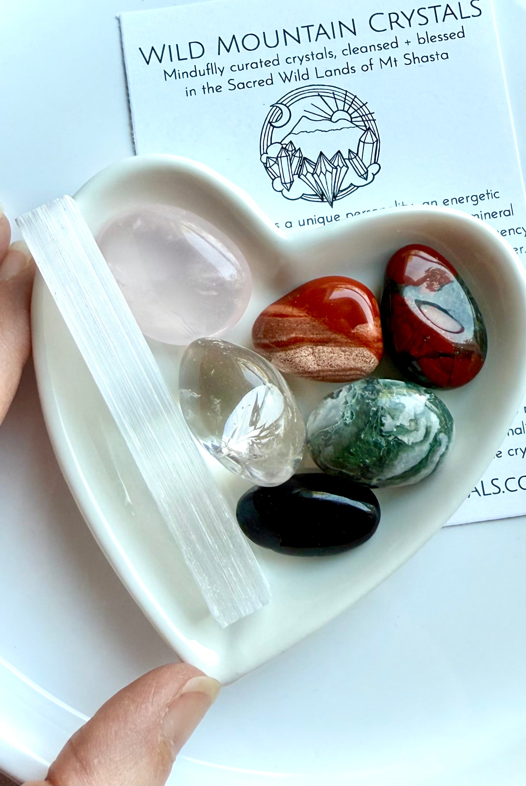 Get Well Crystal Set in white heart bowl with Selenite, Rose Quartz, Bloodstone, and info card