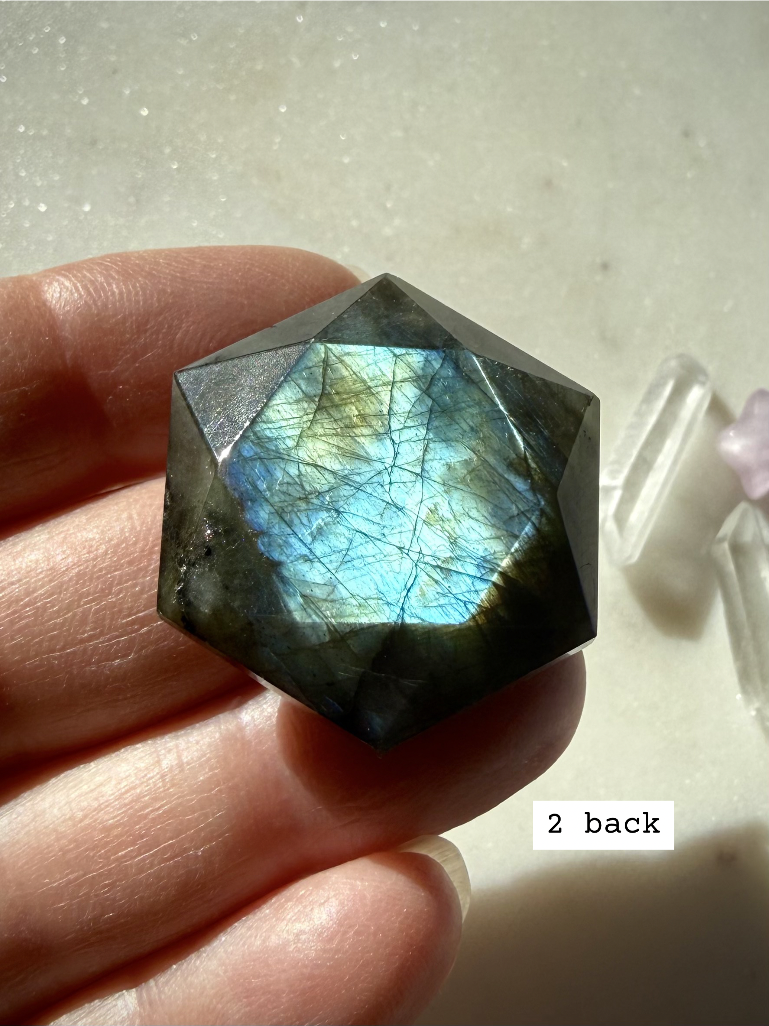 blue flash Labradorite hexagon – sacred geometry crystal for Third Eye Chakra, front view