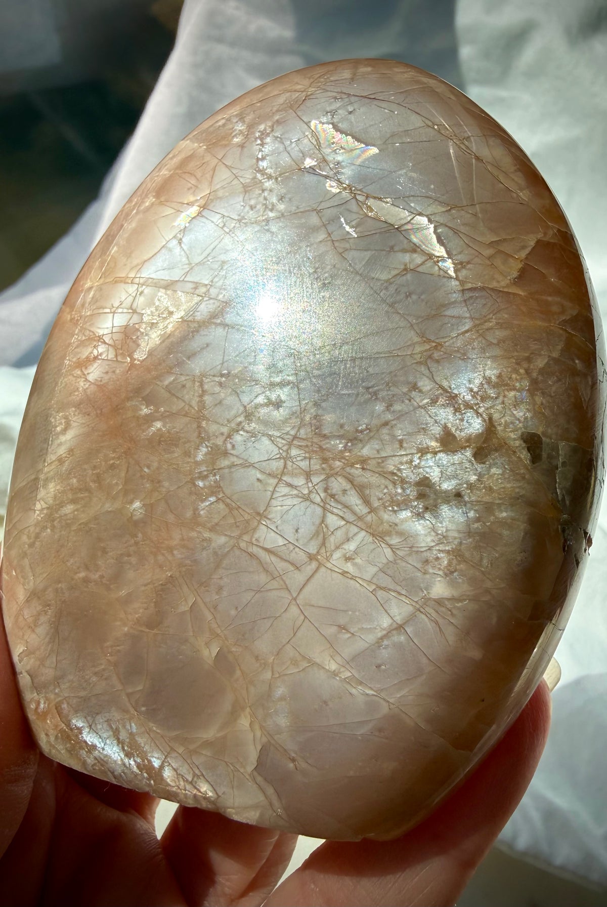 One-of-a-kind Peach Moonstone freeform with silver shimmer, Sunstone sparkle and rainbow flash for intuition and emotional healing