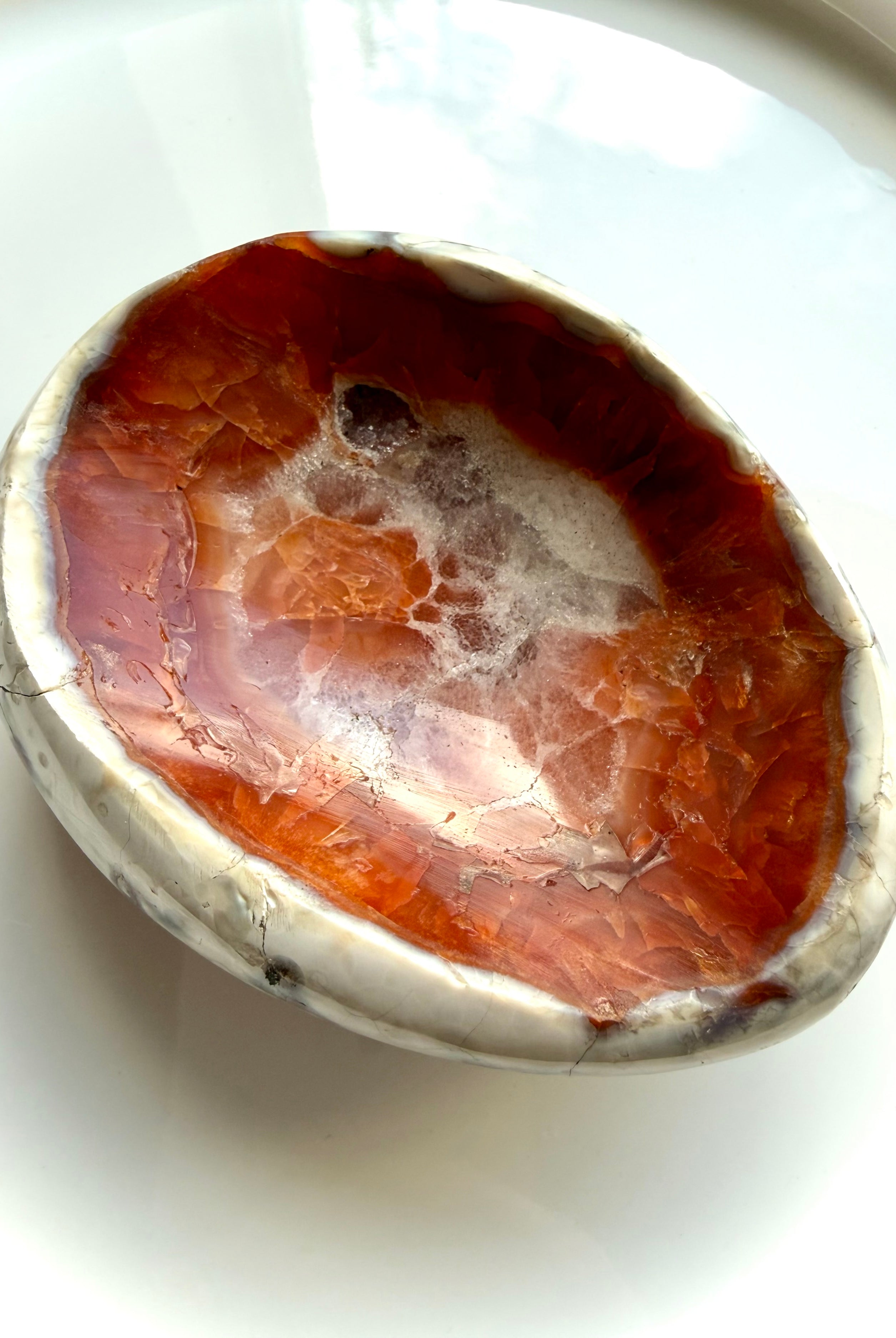 carnelian stone bowl with quartz center and natural agate inclusions polished crystal dish