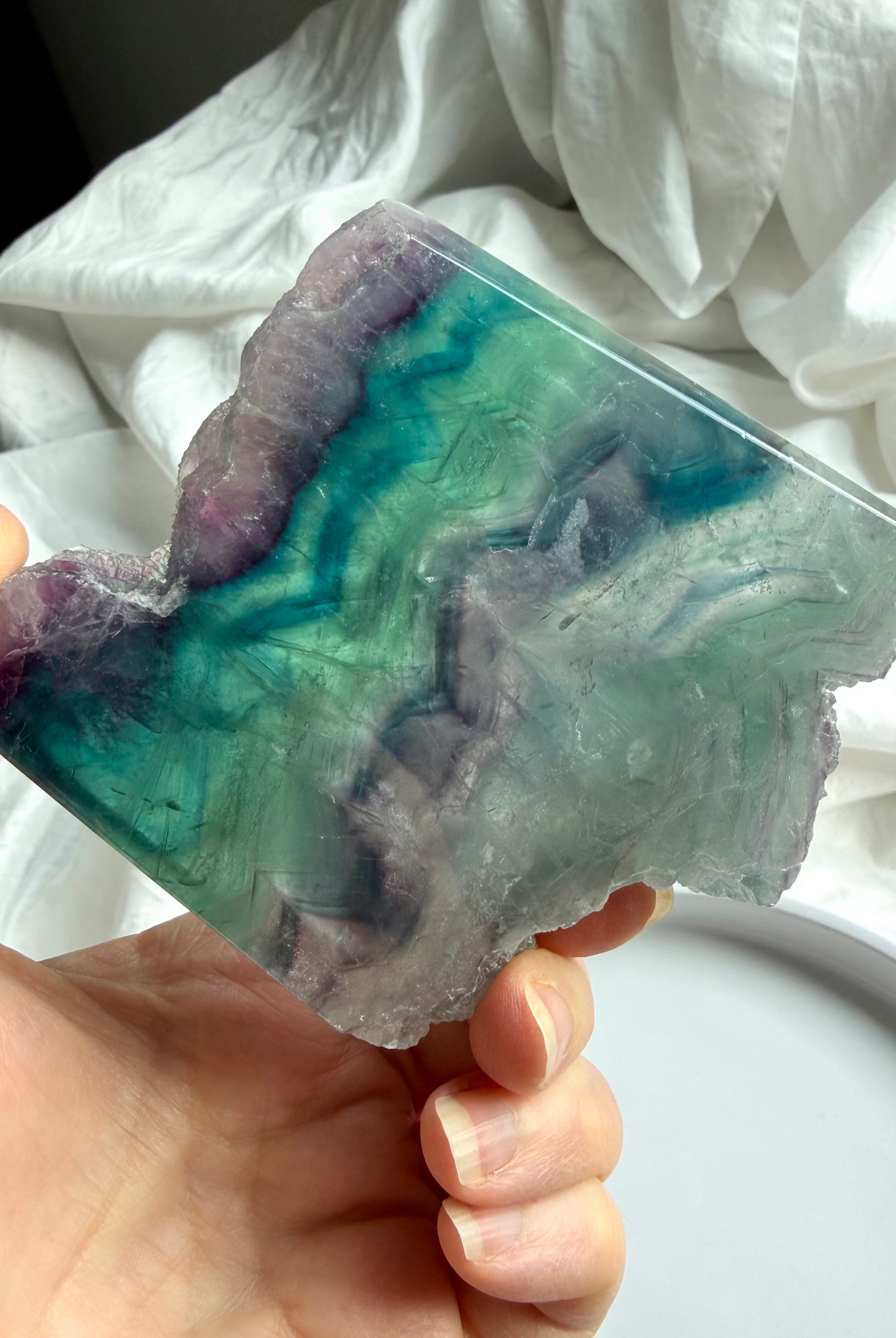 One of a kind rainbow fluorite slab with green and purple banding – crystal for clarity, focus + energy balance
