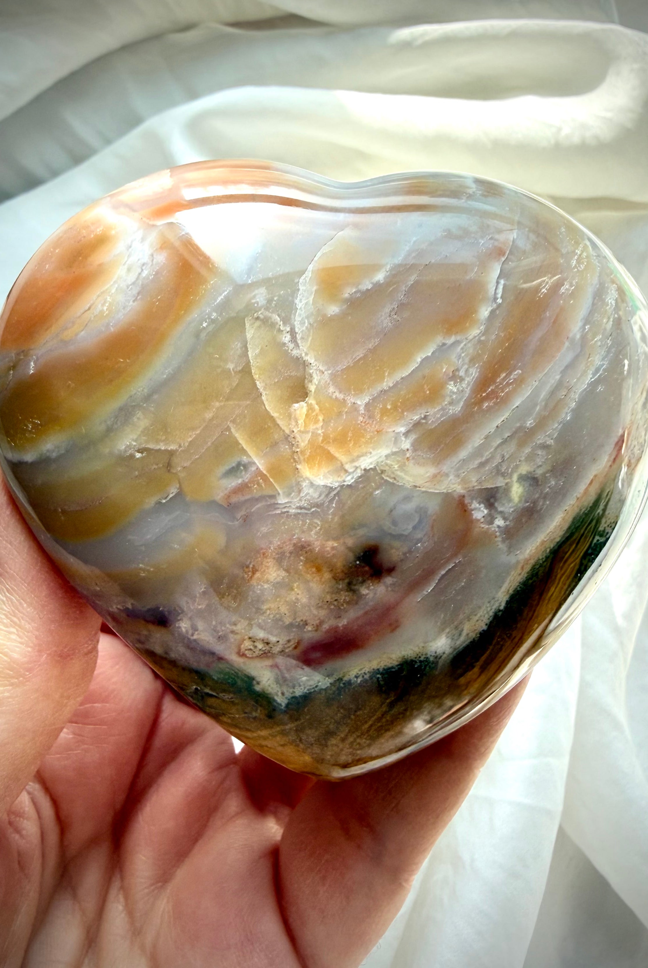 Polished Ocean Jasper heart featuring moss green, cream and rust-toned banding, substantial palm-size crystal