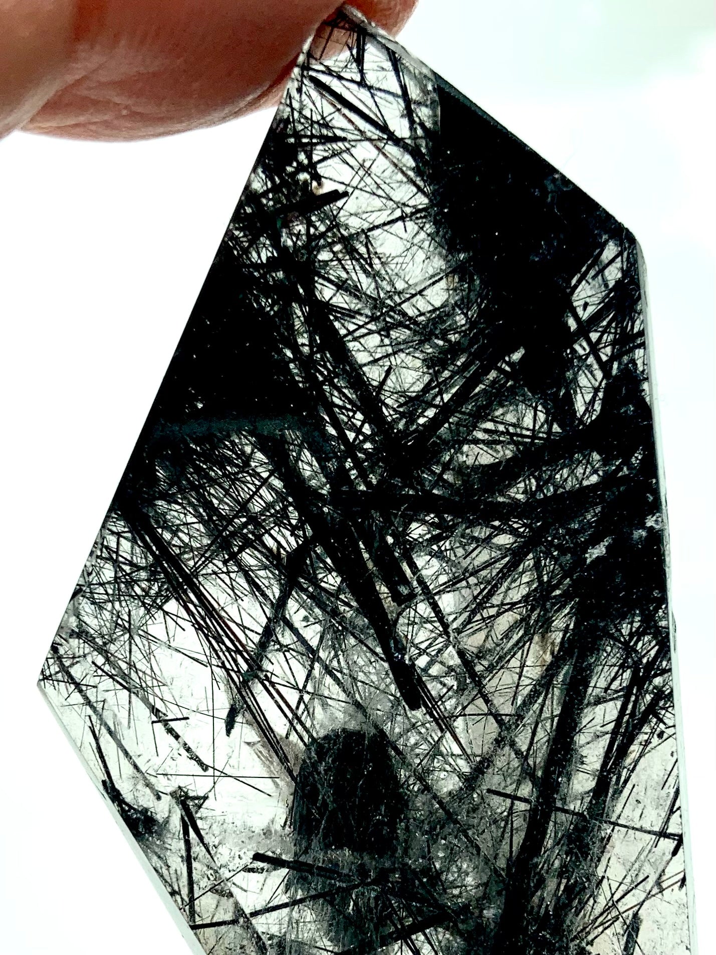 Close up view of a high quality Black Tourmaline in Quartz polished Freeform Crystal Specimen