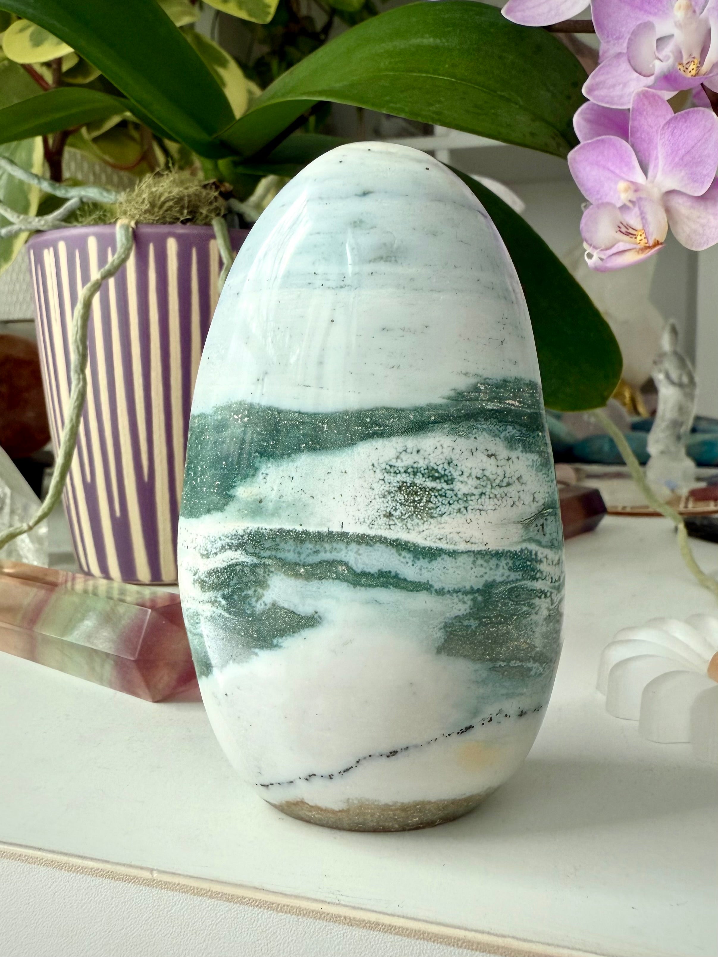 A rare Blue Ocean Jasper Freeform with druzy + swirling teal, green, bluish gray + white patterns