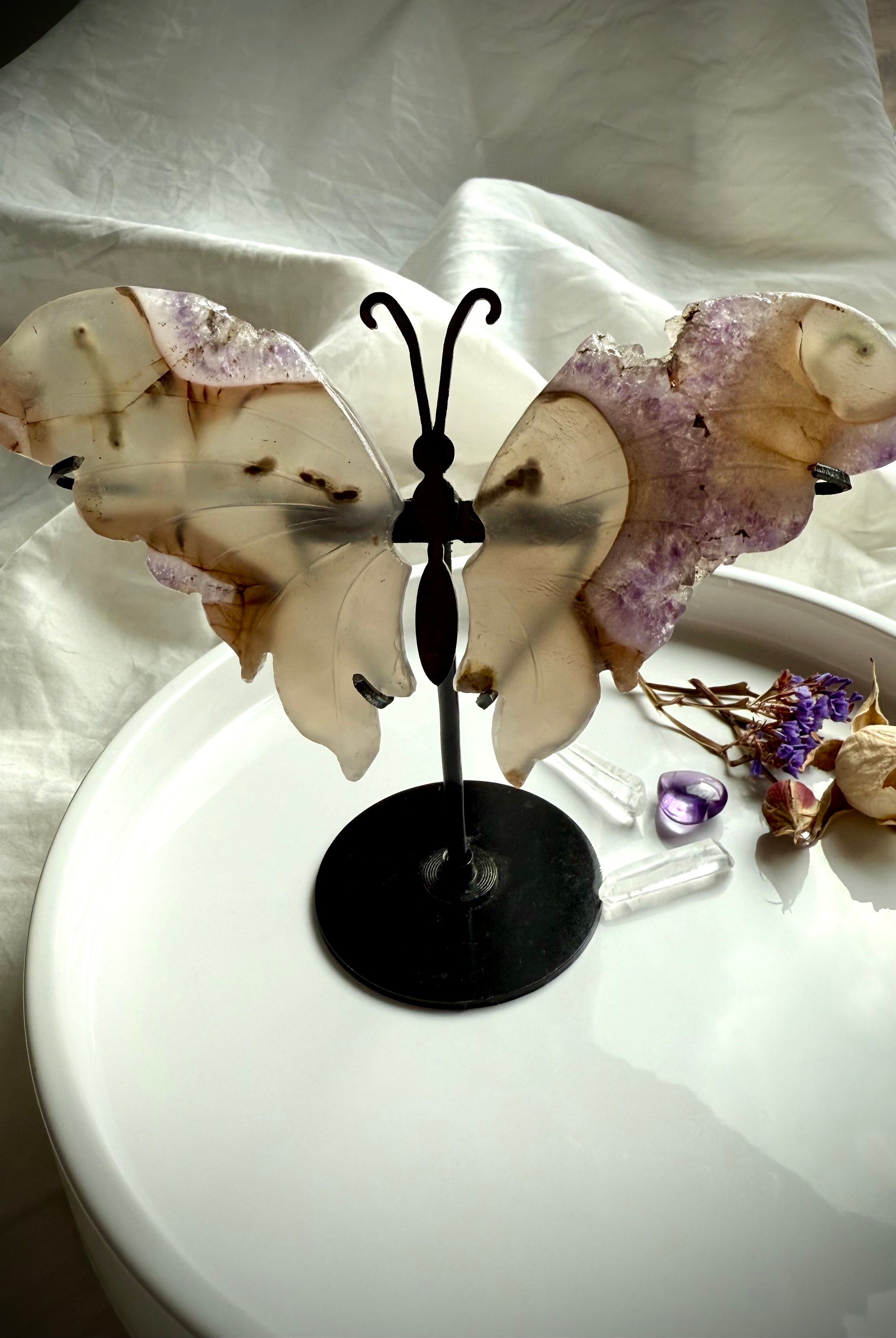 Druzy Amethyst Butterfly Wings on black metal stand, carved agate wings with lavender amethyst druzy, crystal décor for transformation and healing energy.