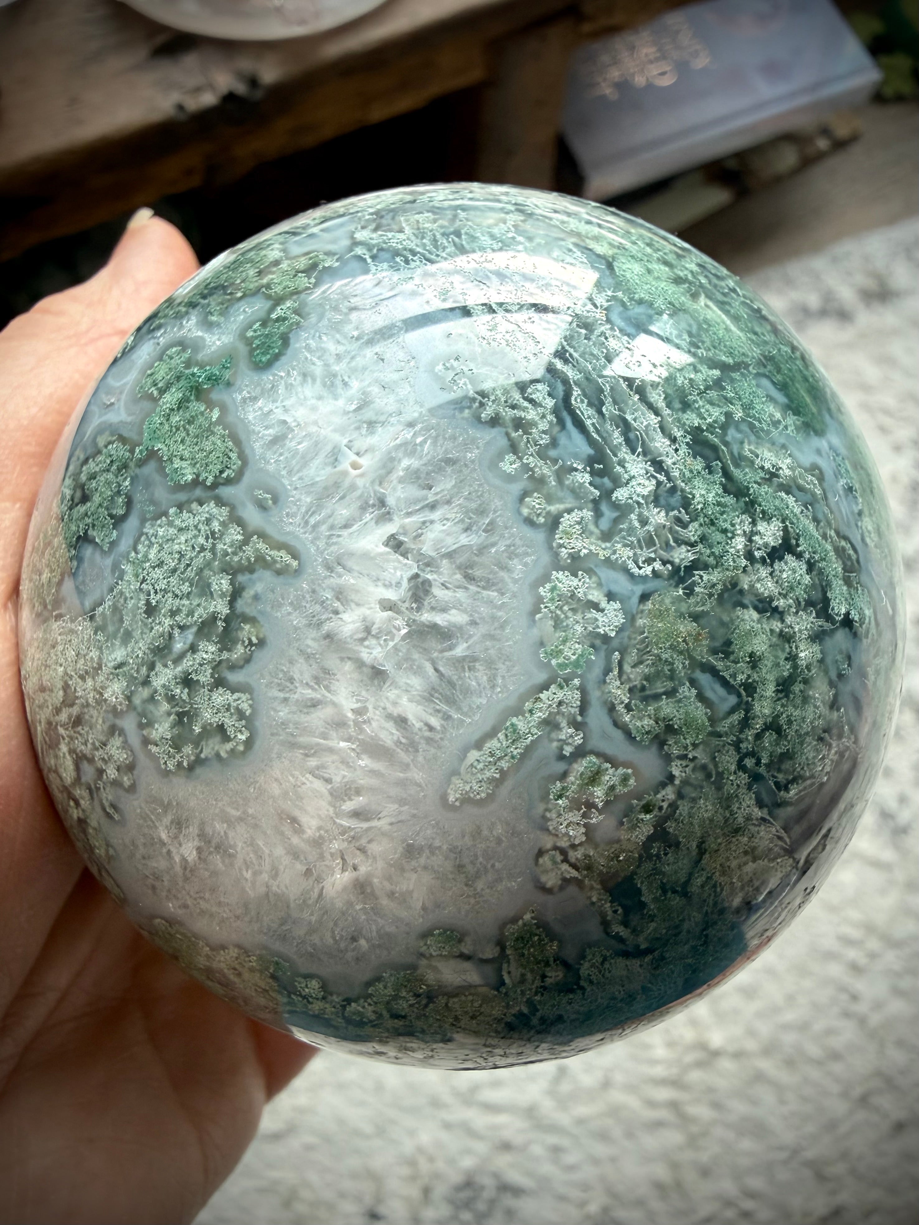 One of a kind Moss Agate sphere with lacy green patterns, white Quartz areas, and natural stone formations