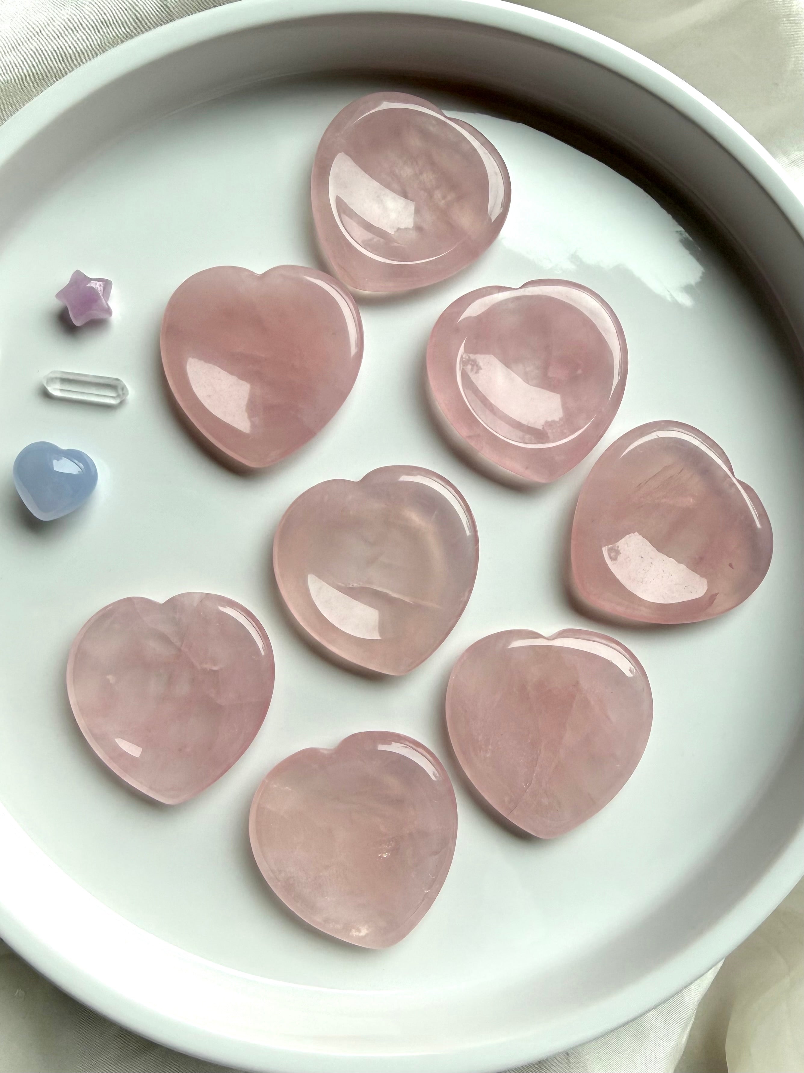 rose quartz heart worry stones collection – polished crystal hearts for love, calm and heart chakra healing
