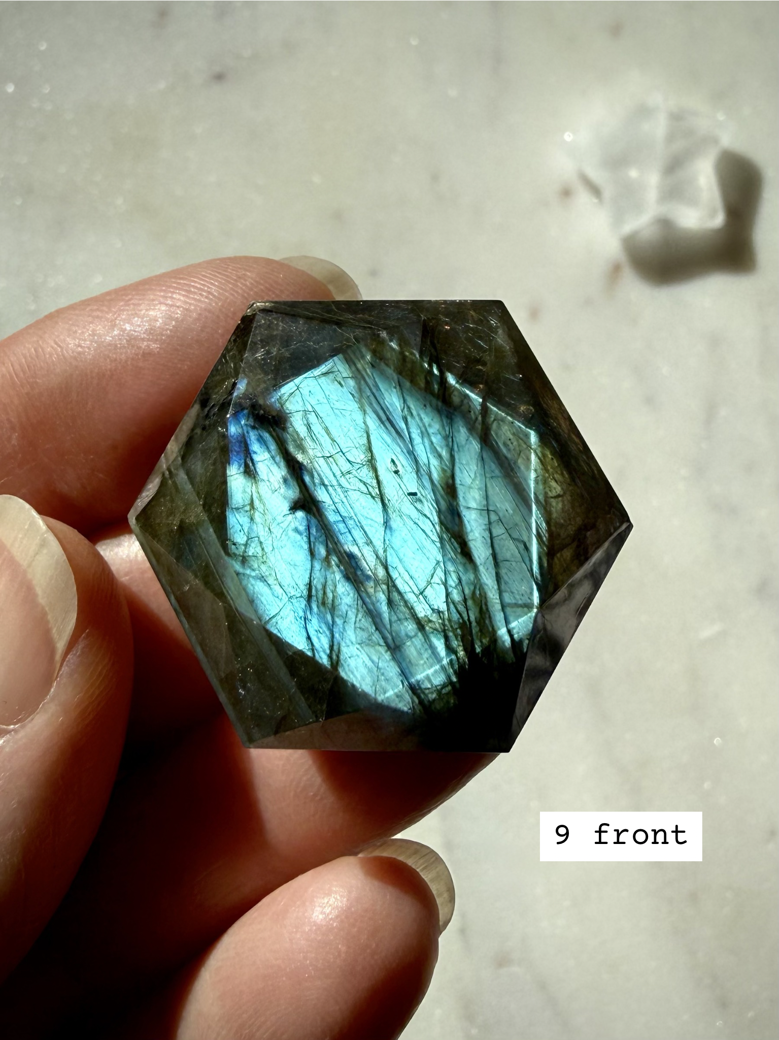 Blue flash Labradorite hexagon crystal – sacred geometry meditation stone, back view