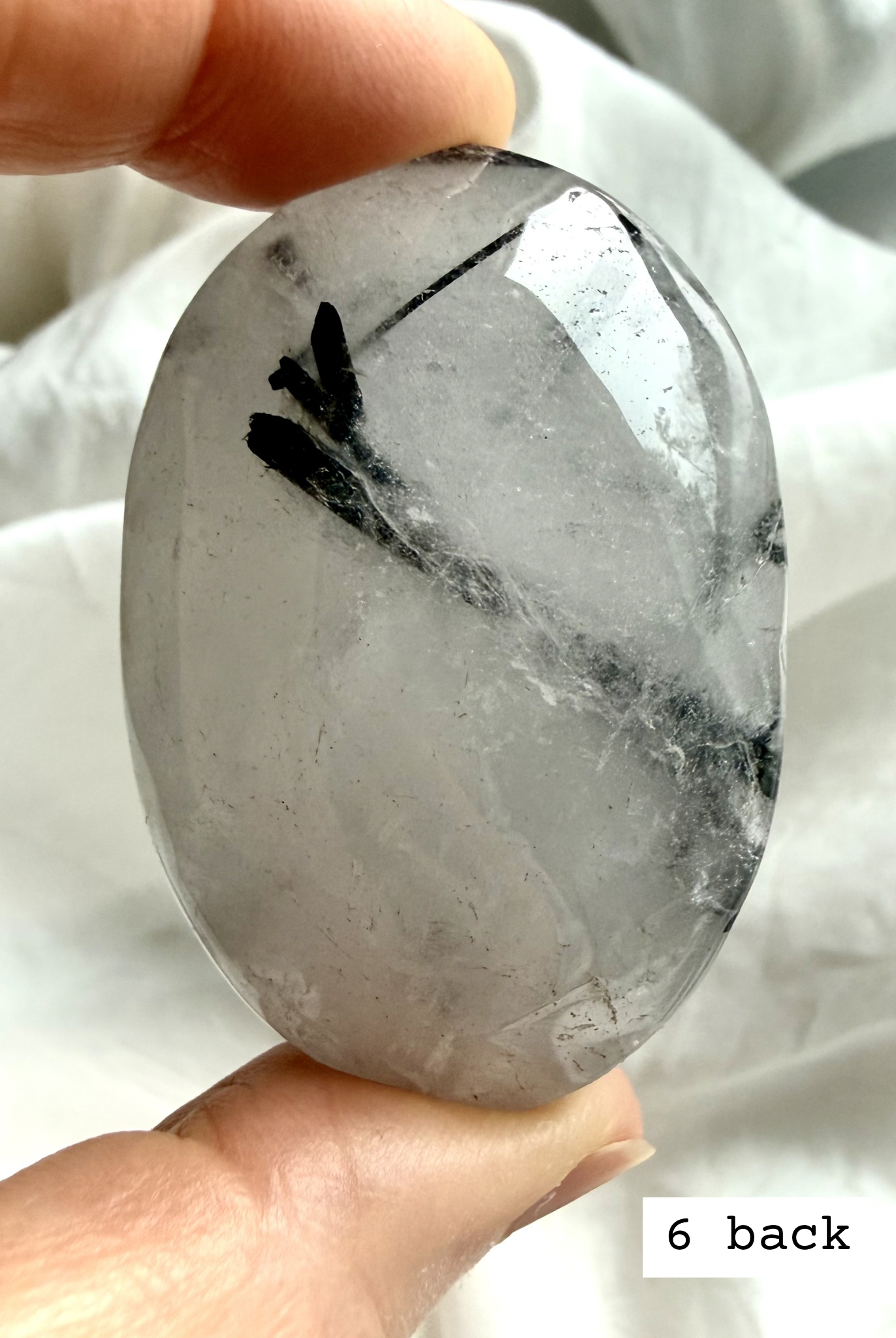 Black Tourmaline in Quartz palm stone 6 back view natural tourmaline quartz pattern